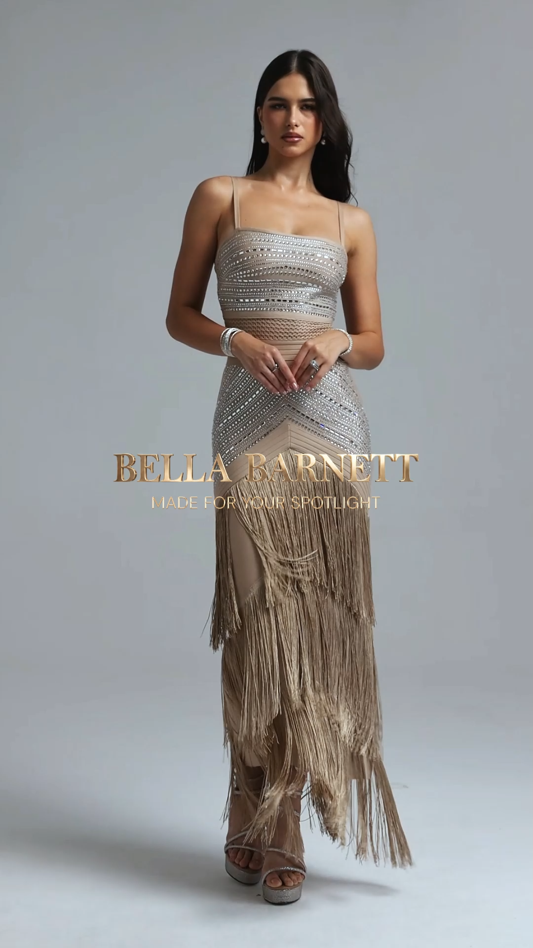 Hilia Sexy Spaghetti Strap Rhinestone Fringe Bandage Maxi Dress