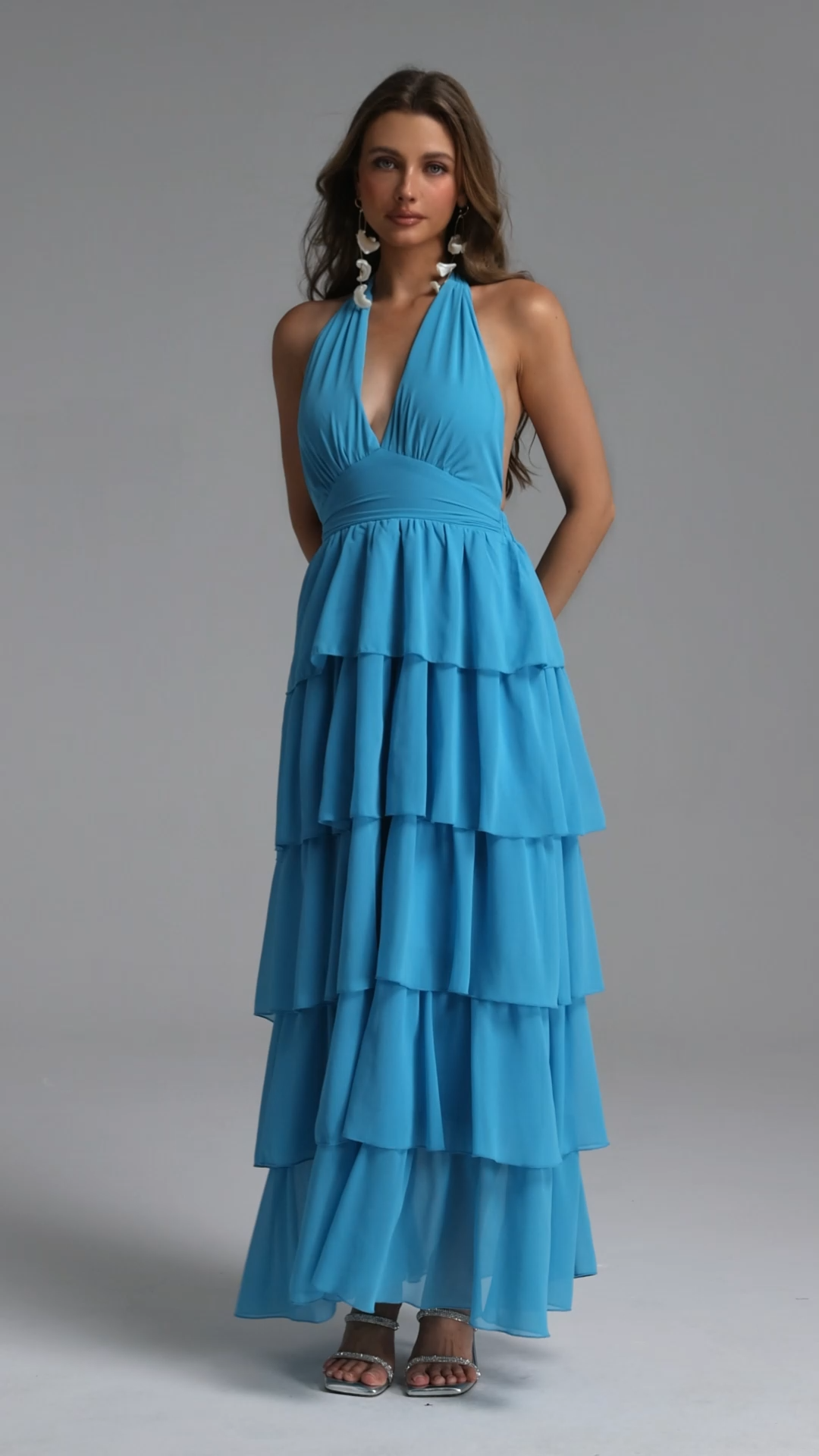 Yahir Resort Flowy V Neck Sleeveless Ruffle Chiffon Maxi Dress