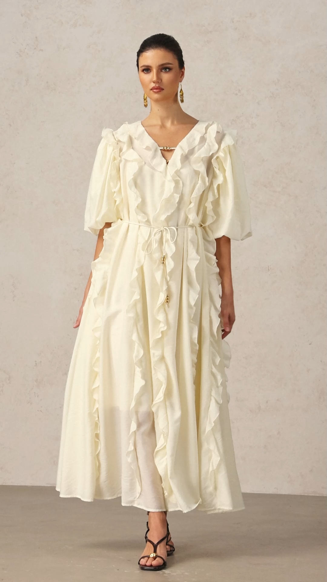 Wika V-Neck Elbow Sleeves Folds Beige Maxi Dress