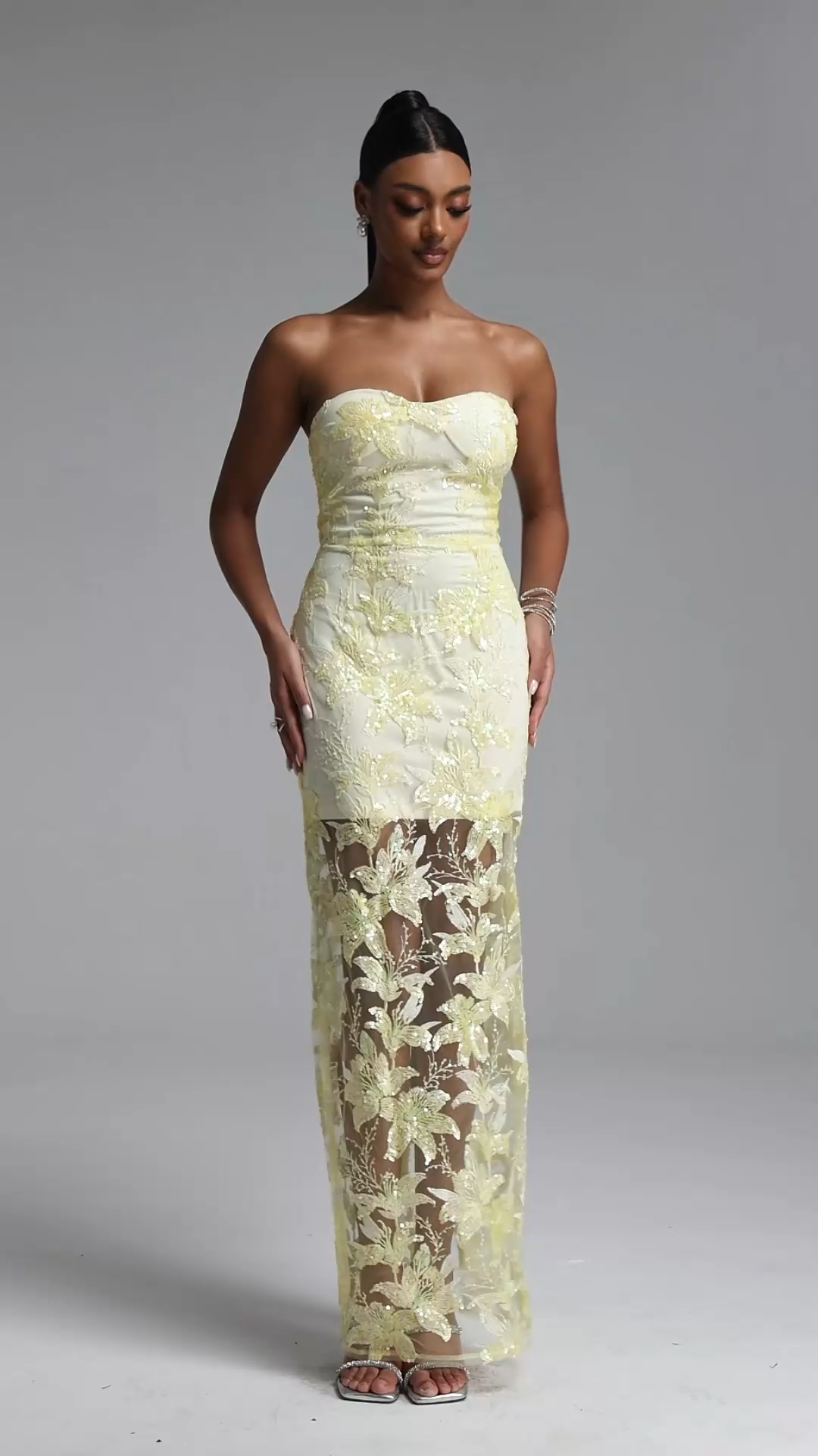 Livana Elegant Youthful Strapless Floral Embroidery Sheer Mermaid Maxi Dress