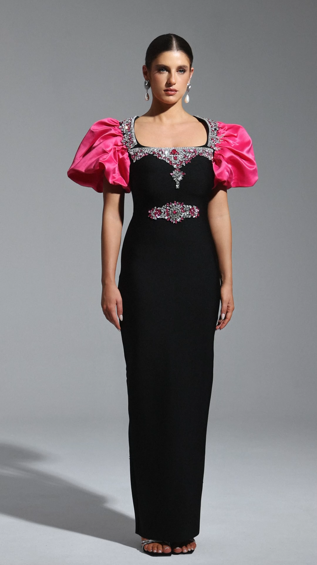 Pull Bandage Short Sleeves Square Collar Diamond Maxi Dress