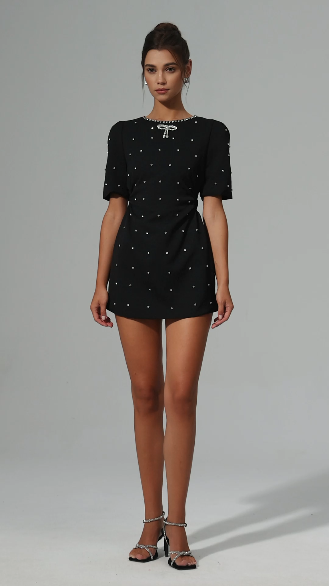 Neela Round Neck Short Sleeves Diamond Bowknot Hollow Out Mini Dress