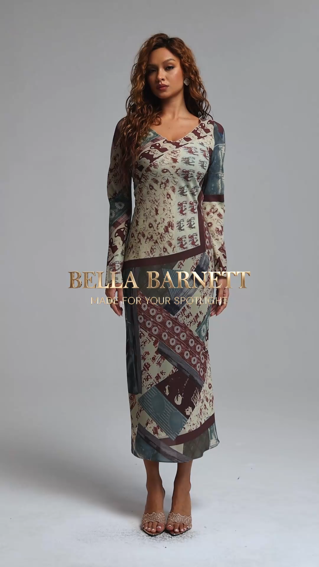 Saha Elegant Flowy V-Neck Long Sleeve Print Maxi Dress