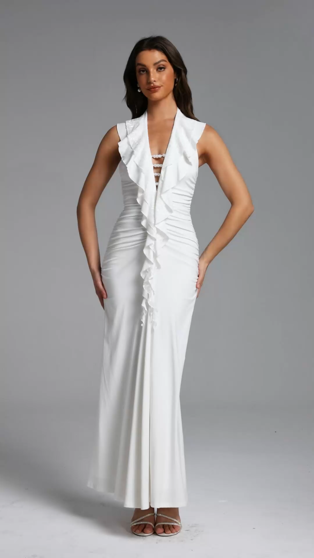 Dlasa Elegant Contour Deep V Lace Ruffle Beaded Chain Ruched Knit Maxi Dress