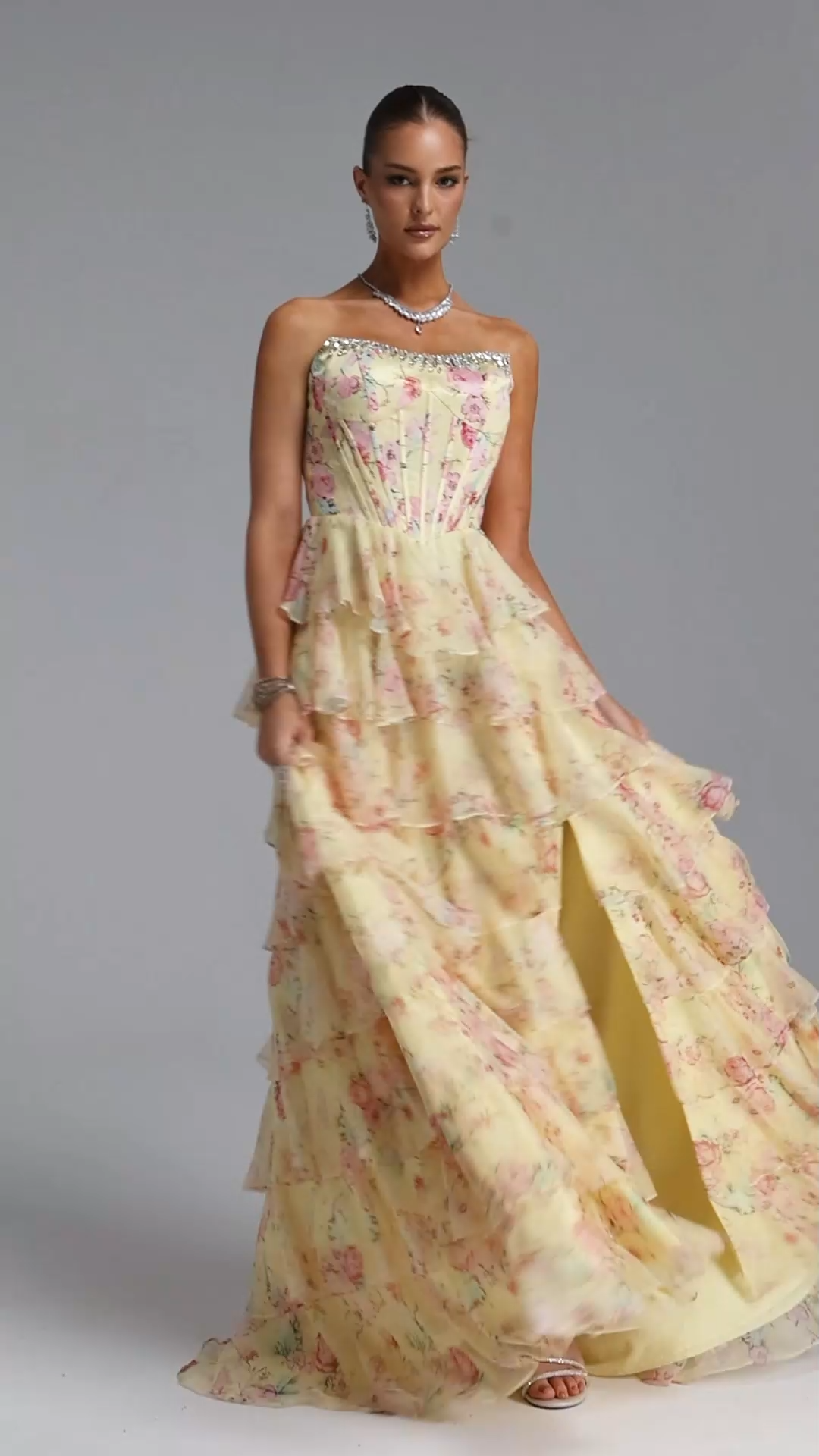 Namia Romantic Tailored Strapless Rhinestone Ruffle Floral Print Yellow Maxi Dress