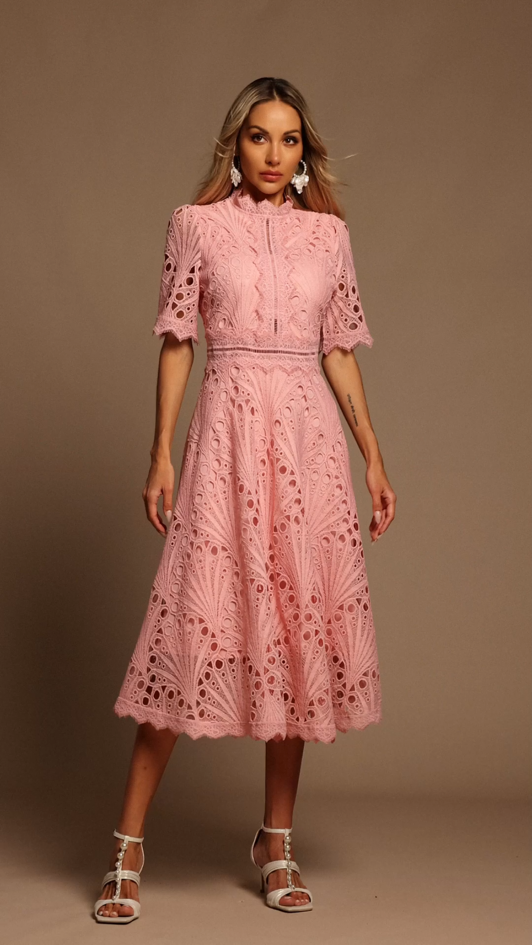 Lzada Short Sleeves Lace Hollow Out Midi Dress