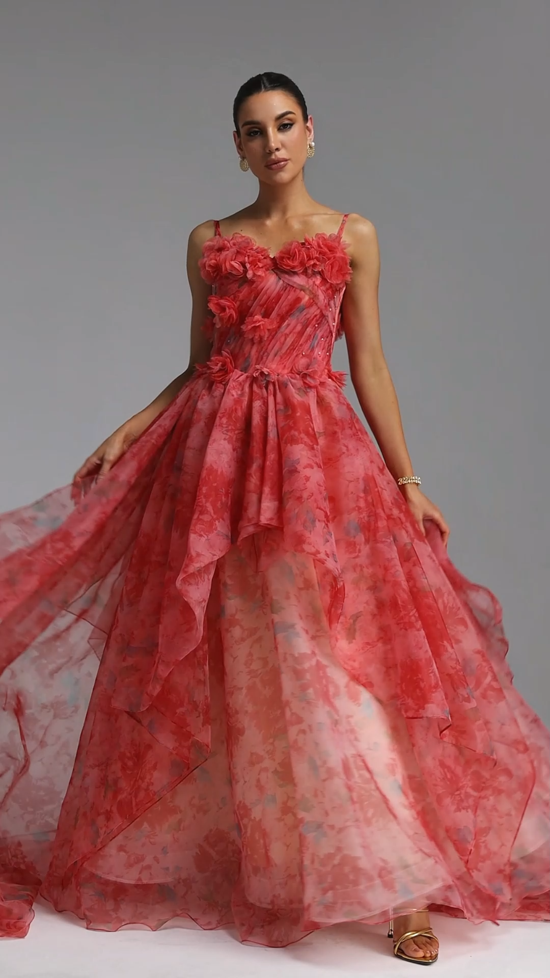 Lzada Elegant Waist-Cinching Strapless 3D Floral Watercolor Print Organza Multi-Layer Ruffle Fluffy A-Line Train Maxi Evening Dress