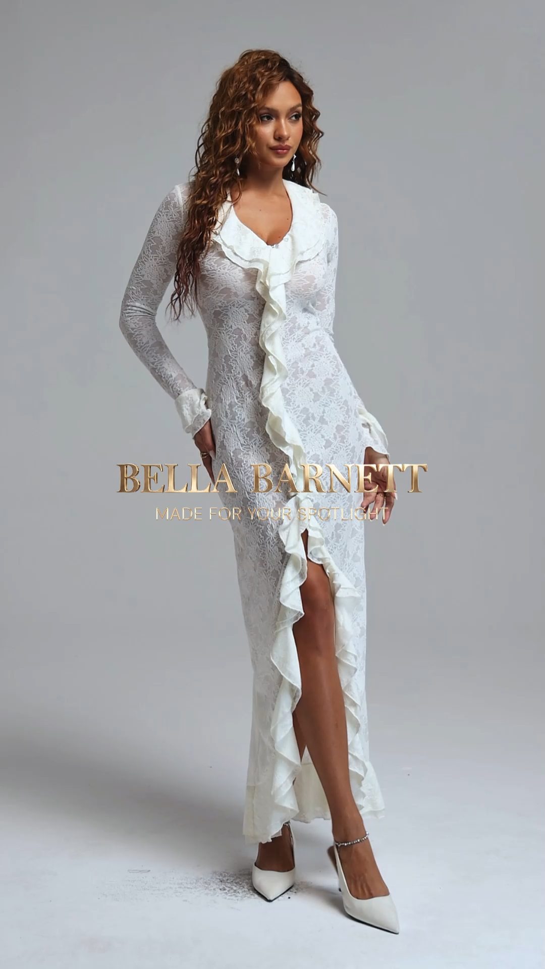Ganaba Romantic Contour V-Neck Long Sleeve Ruffle Front Slit Lace Maxi Dress