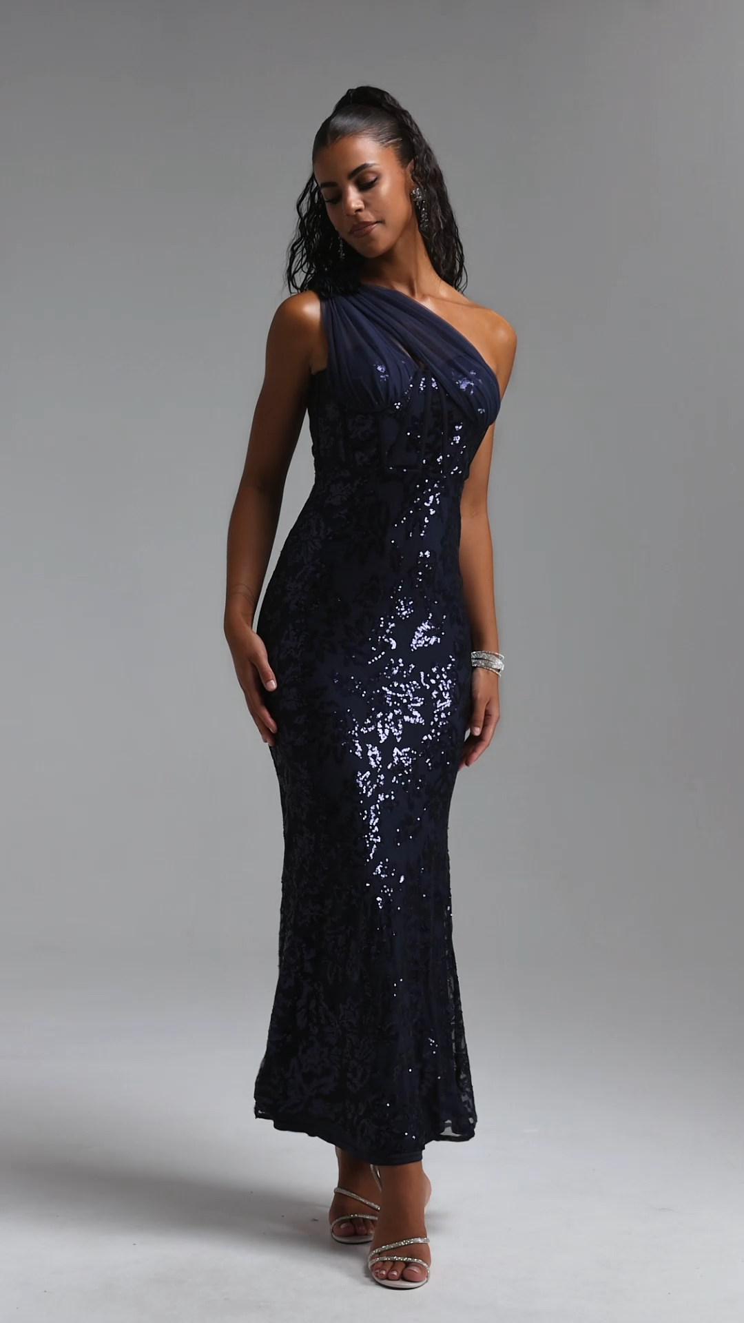 Vafa Elegant One Shoulder Mesh Floral Sequin Mermaid Maxi Dress
