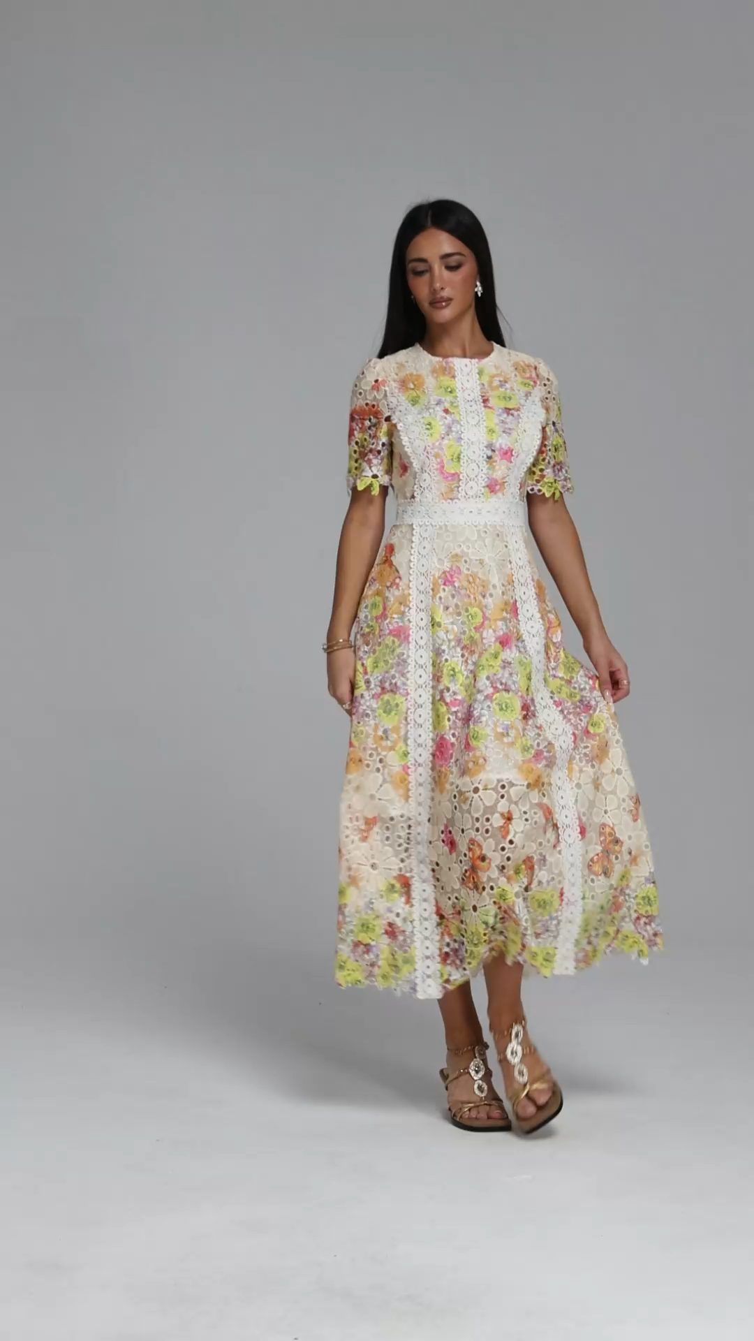 Pillose Resort Cinched Round Neck Short Sleeve Floral Print Lace Yellow Maxi Dress