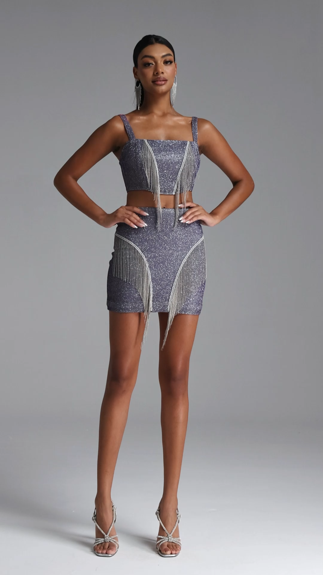 Vercia Chic Tailored Glitter Fringe Top and Skirt Set