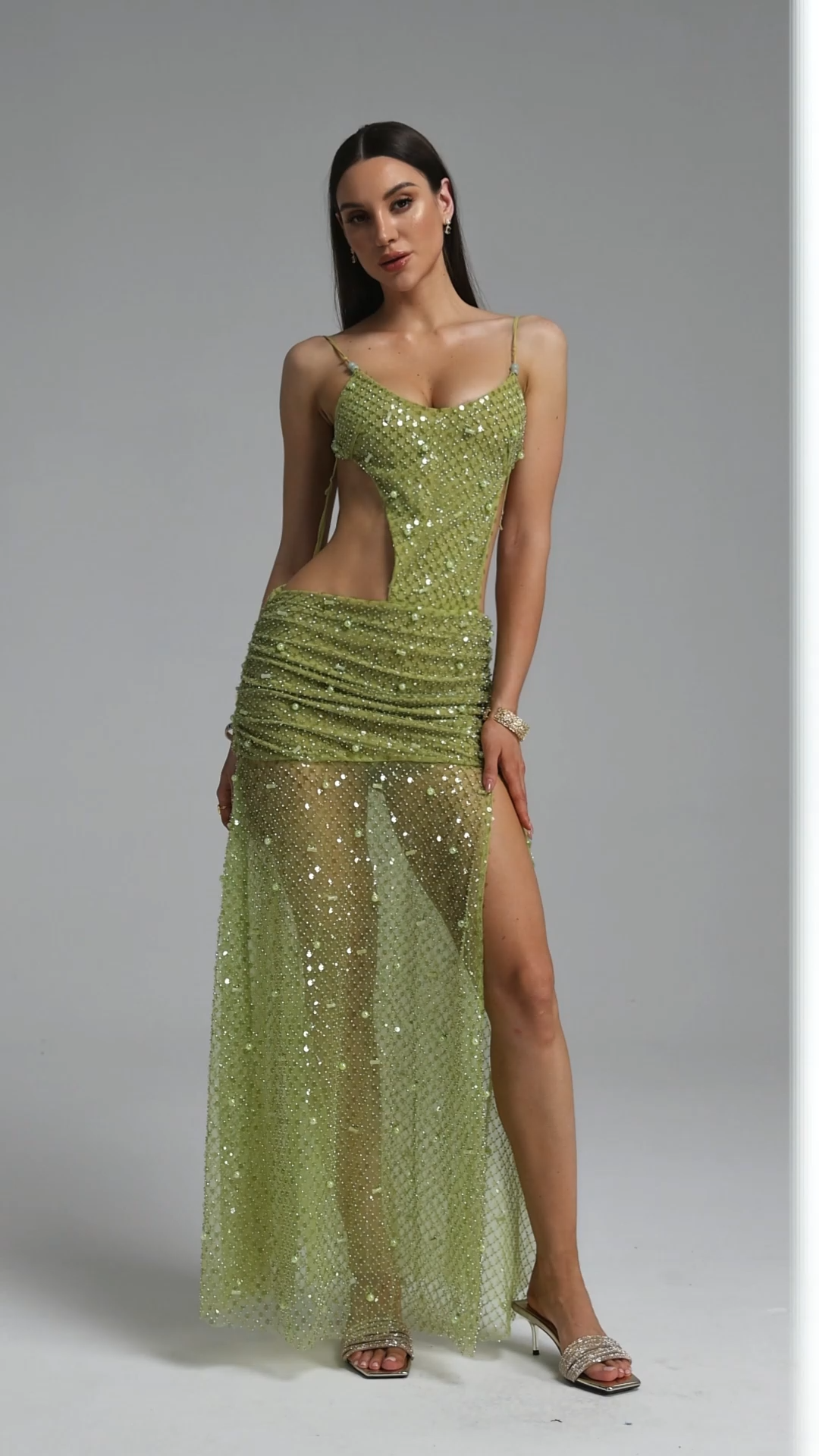 Vara Sexy Strap Cut Out Sequin High Slit Maxi Dress
