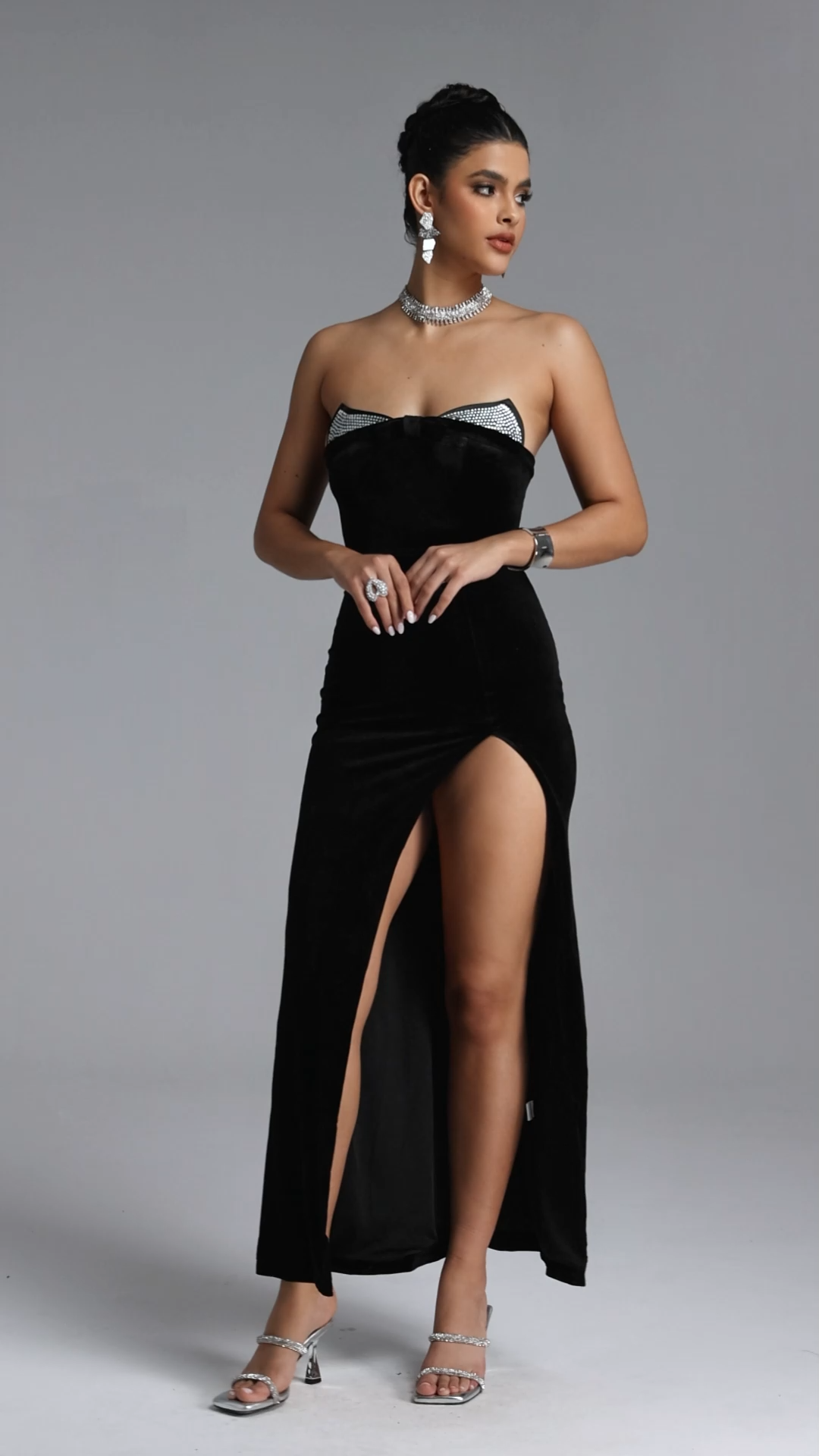 Lori Elegant Contour Strapless Crystal Velvet Maxi Dress