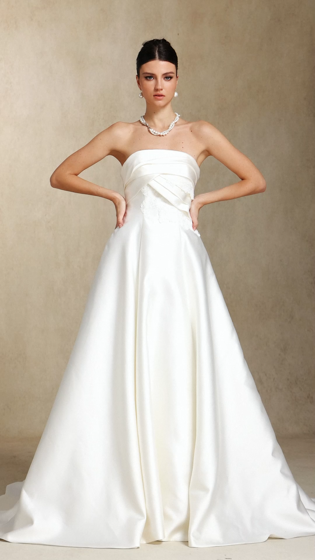 Megan Bare shoulders Pleated Trailing Satin maxi wedding dress