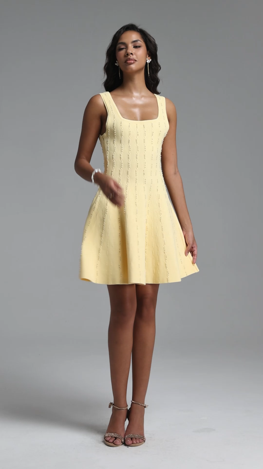 Wenie Classic Cinched Sleeveless Bead Embellished Knit Mini Dress