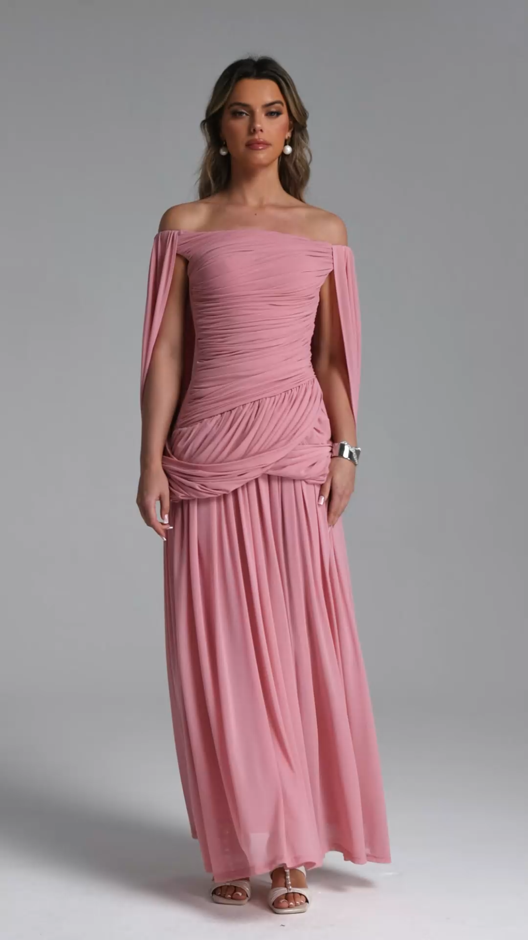 Yauia Romantic Contour Off Shoulder Ruched Maxi Dress