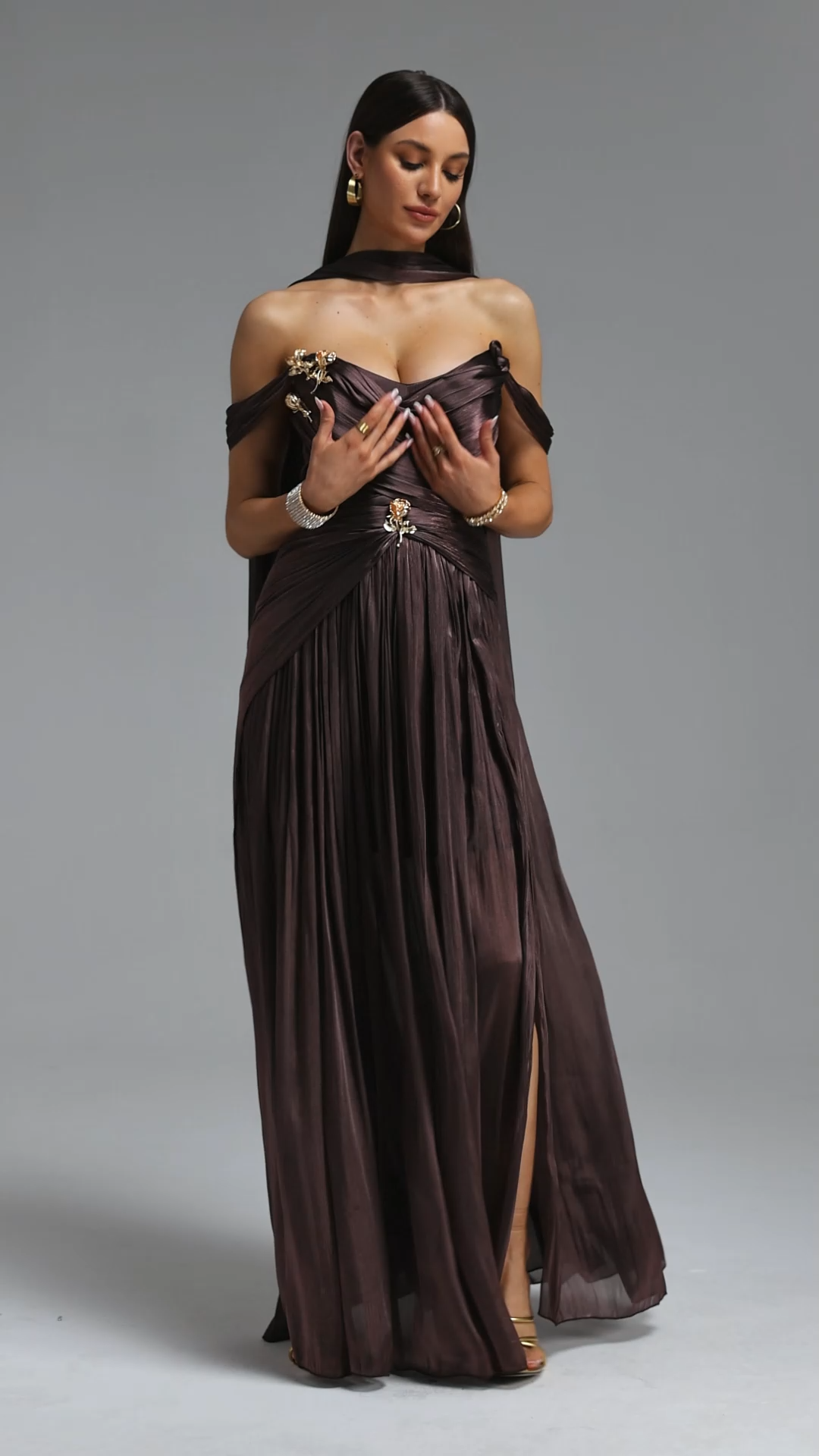 Sebastian Elegant Cinched Waist One Shoulder Sash Ruched Metallic Decor Woven Maxi Dress
