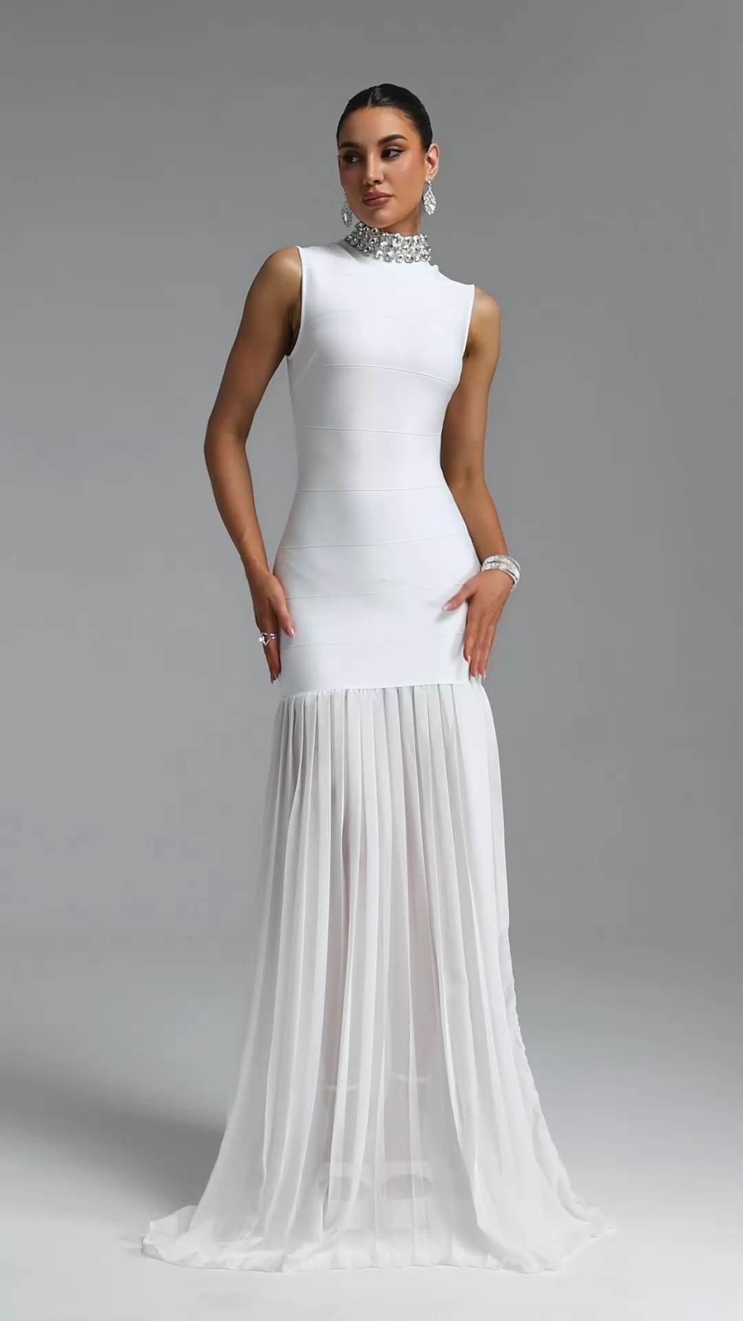 Tada Light Luxury Slim Thin Strap V-Neck Twill Sequin High Slit Mermaid Maxi Evening Dress