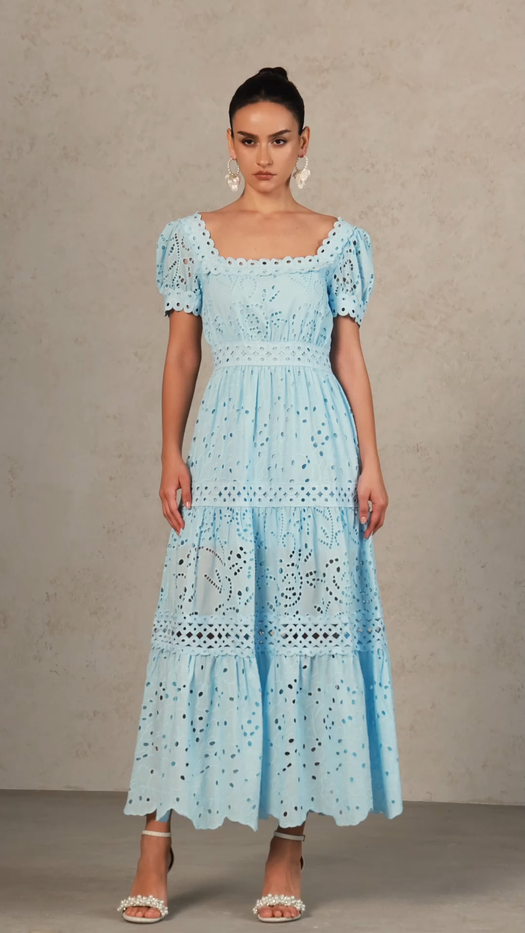 Viaya Short Puff Sleeves Lace Hollow Out Maxi Dress