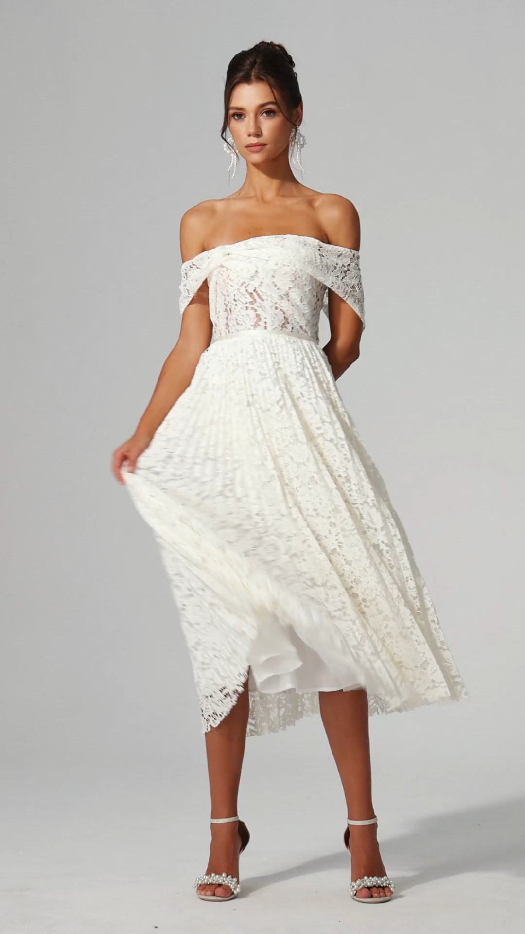 Sagako Off-The-Shoulder Folds Flowers Lace Maxi Dress