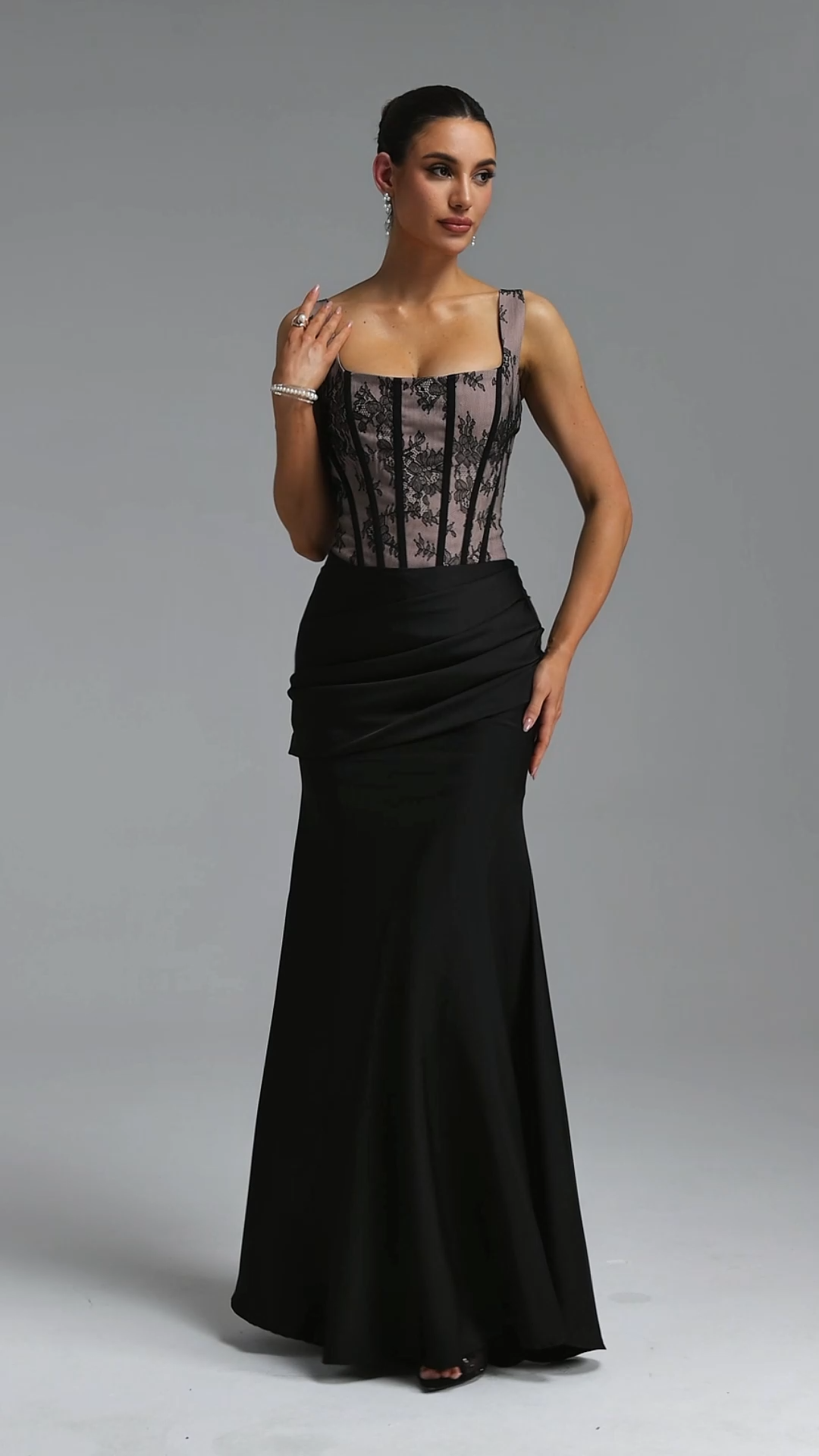 Ferina Romantic Tailored Square Neck Pleated Lace Satin Black Set Maxi Dress