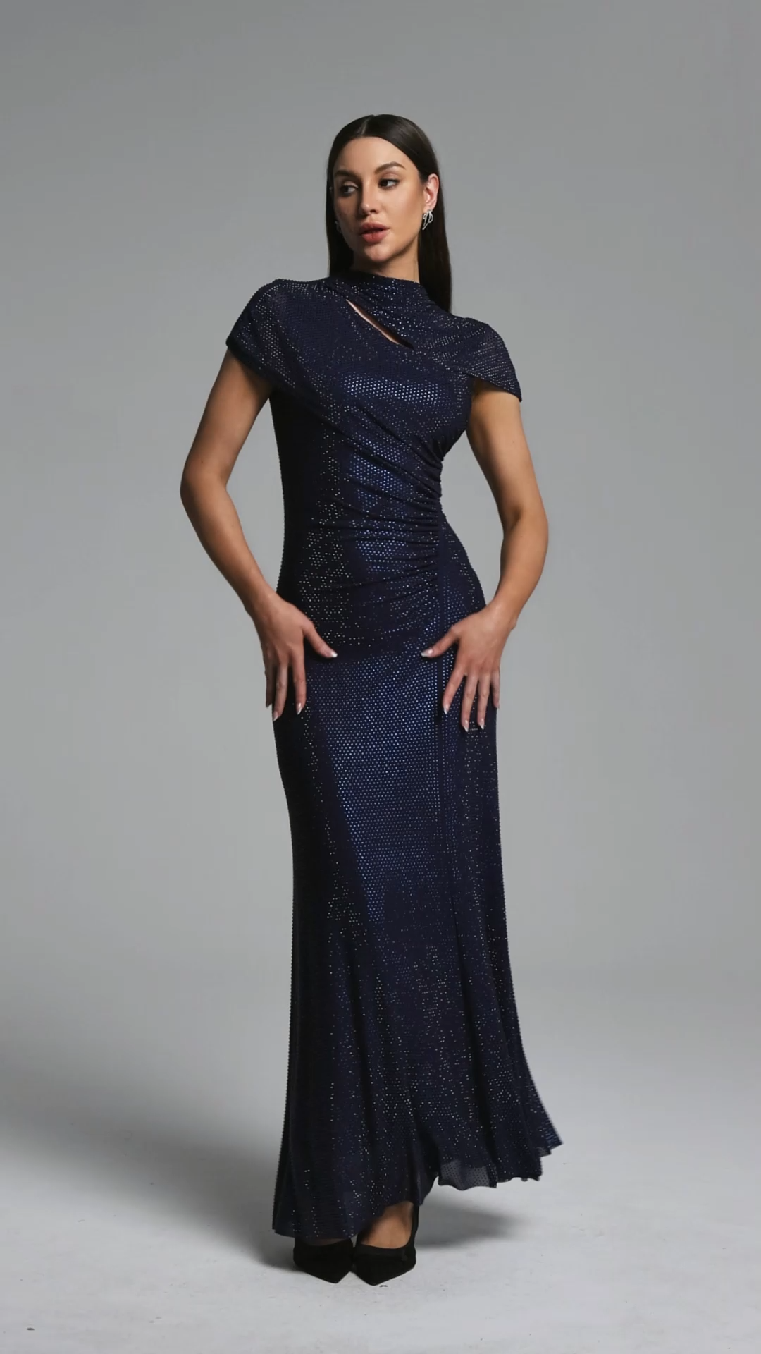 Nathai Chic Contour Short Sleeve Asymmetric Cut Out Crystal Maxi Dress