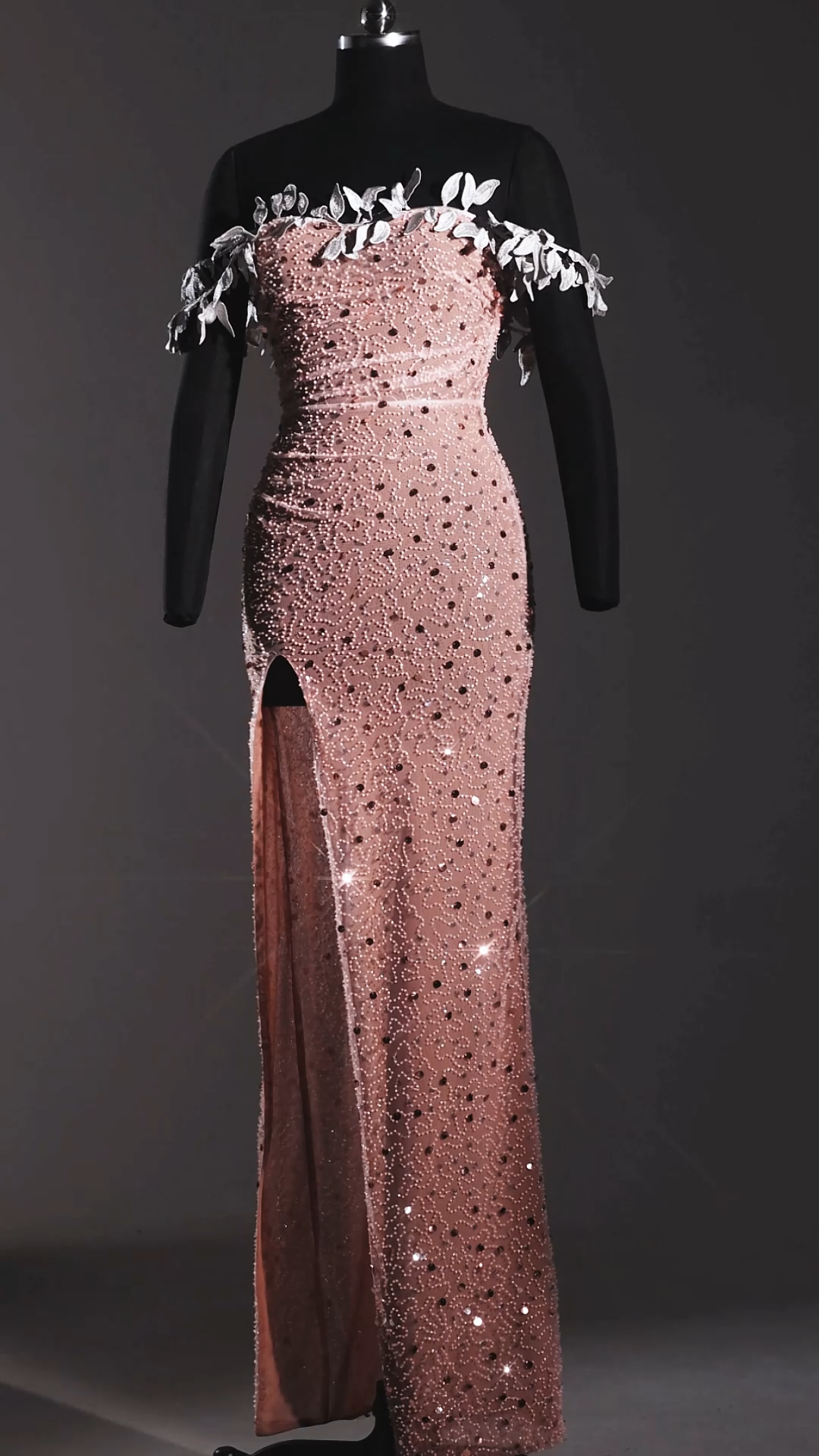 Siola  Off-The-Shoulder Lace Slit  Sequins Maxi Dress