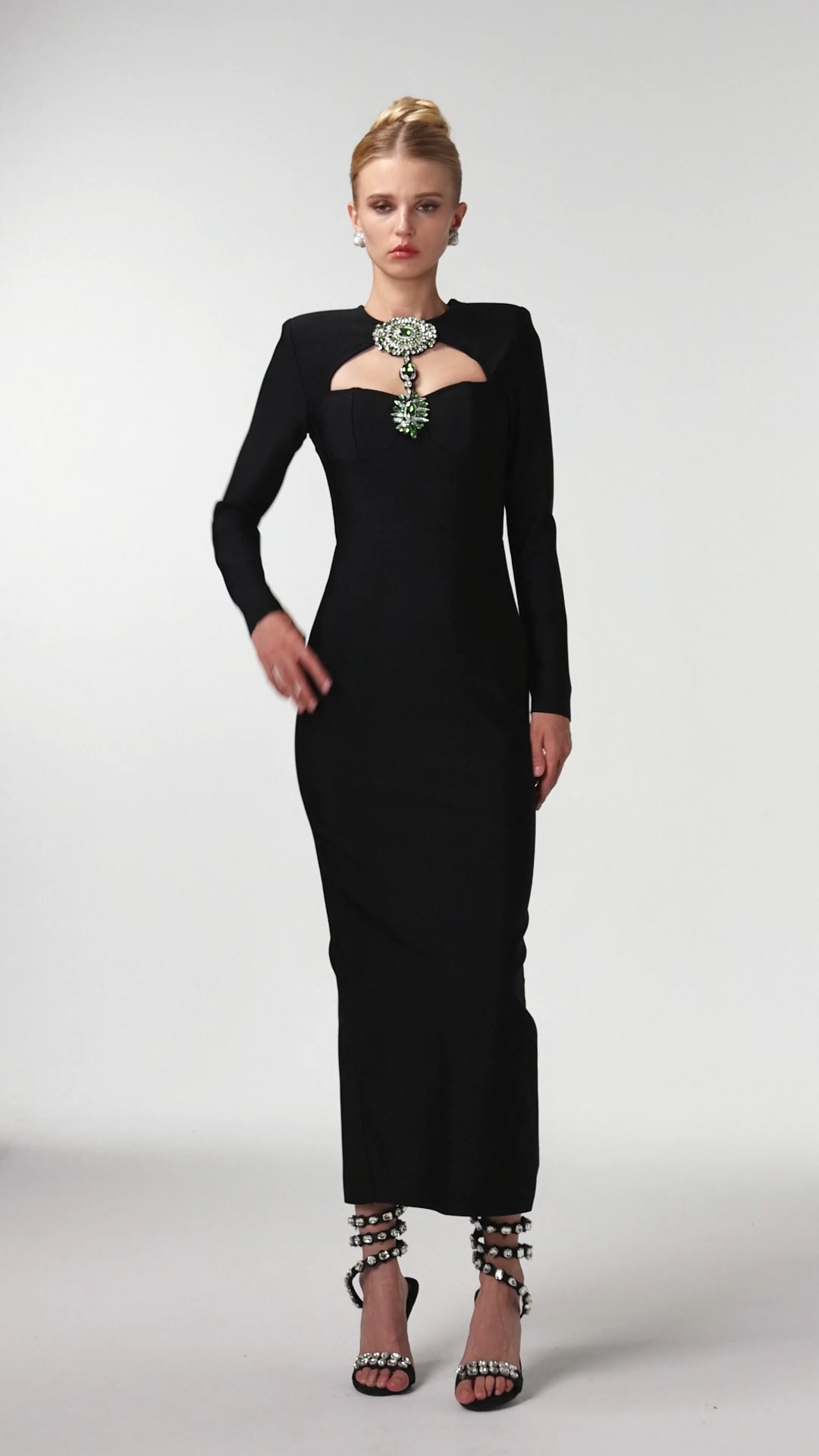 Jensen Elegant Contour Long Sleeve Rhinestone Bandage Maxi Dress
