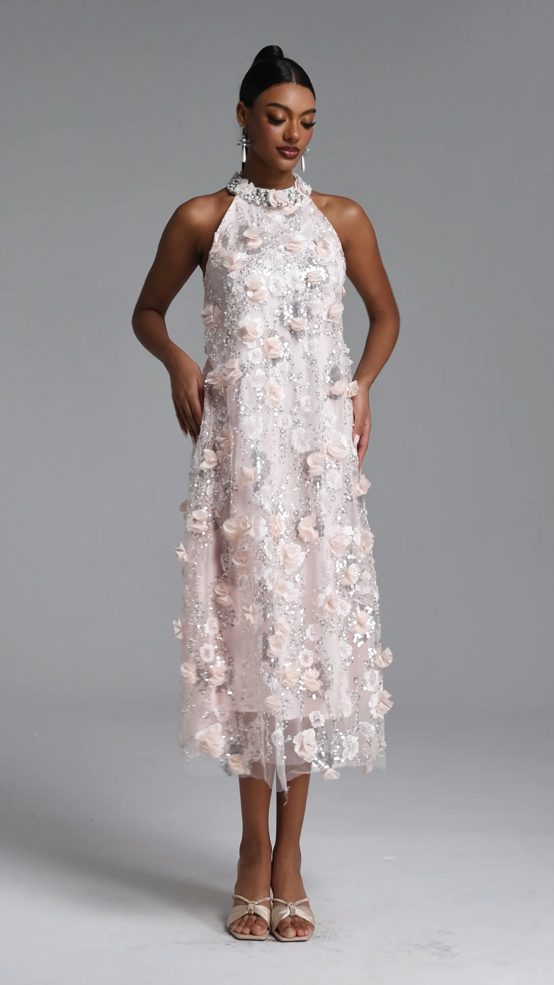 Faithe Elegant Tailored Halter Floral Sequin Maxi Dress