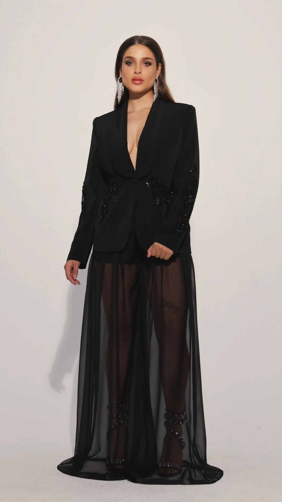 Demri Long Sleeves V-Neck Hollow Out Sequins Maxi Two Piece Set