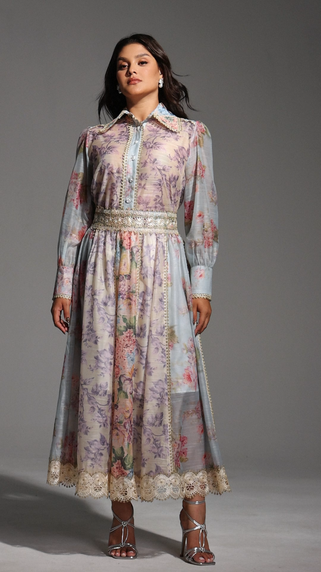 Ruby Long Sleeve Floral Printed Lace Top And Skirt Two-Piece Set