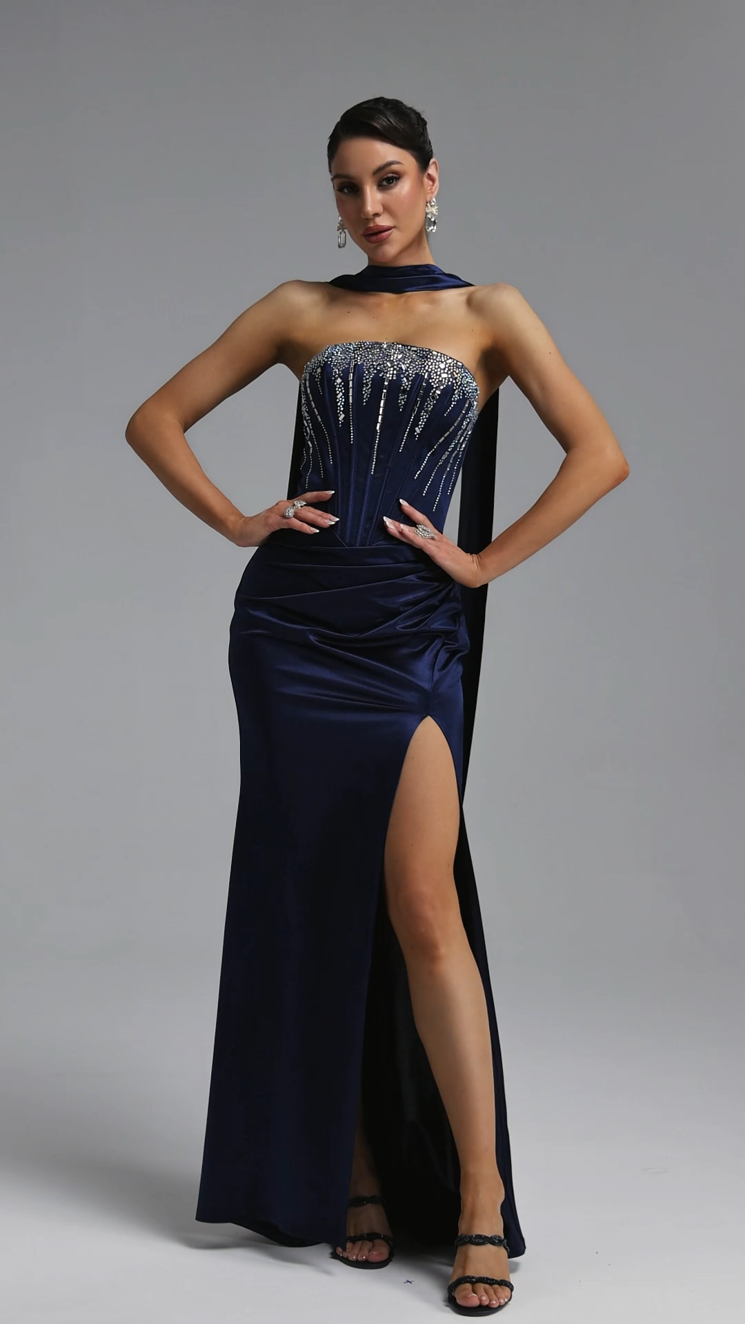 Ritana Elegant Strapless Ruched Slit Maxi Dress