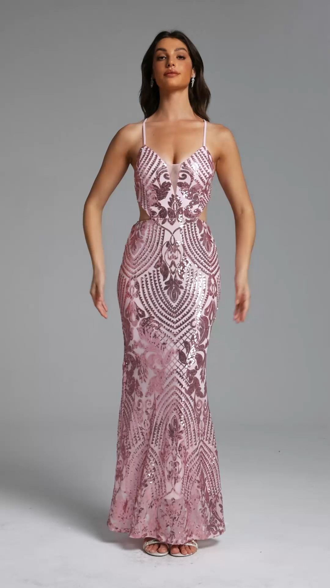 Gani Chic Contour Deep V Sequin Pink Maxi Dress