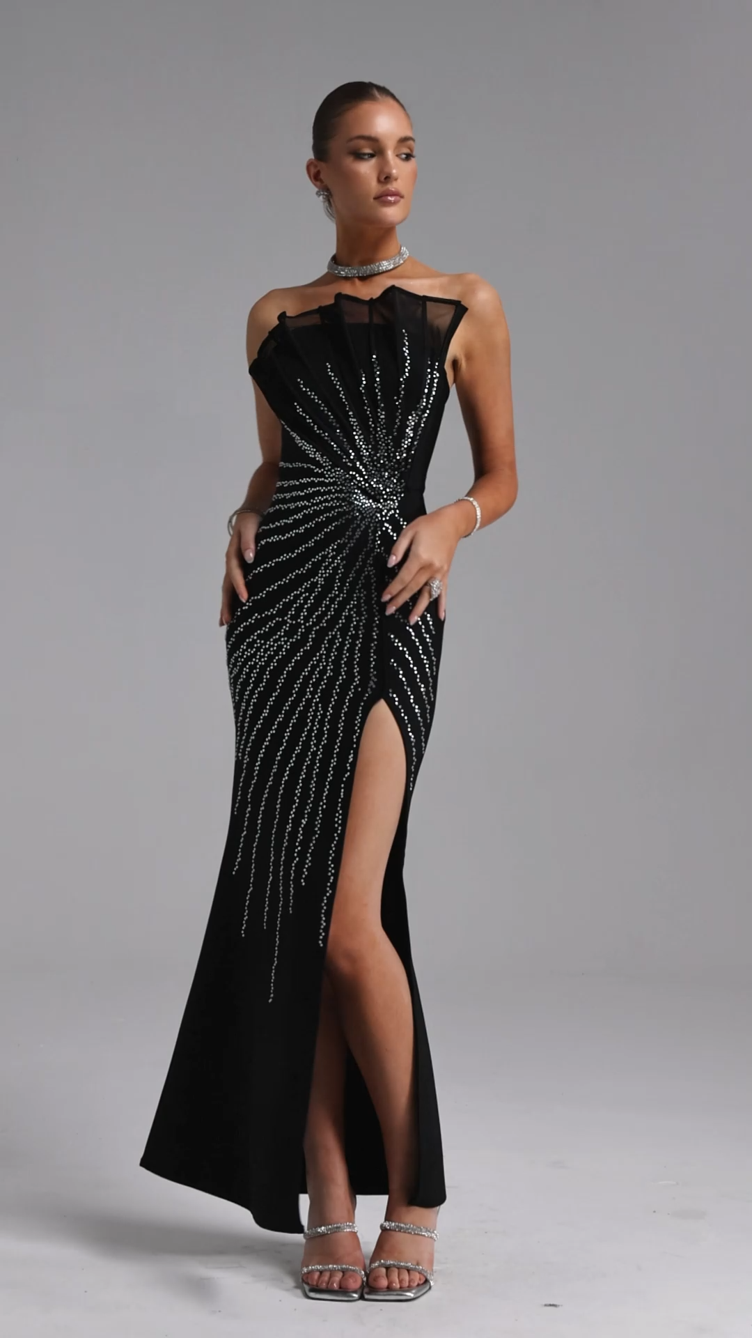 Vaonia Elegant Contour Strapless Crystal Bandage Maxi Dress