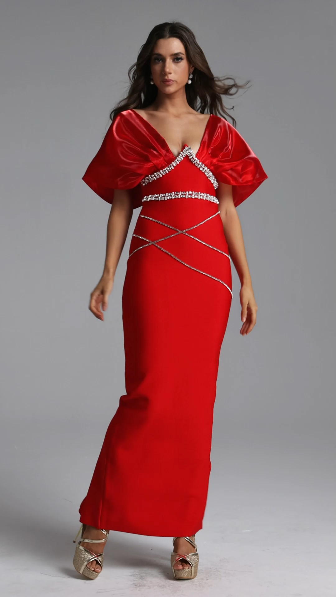 Linnaea Glamorous Contour Rhinestone Bandage Maxi Dress