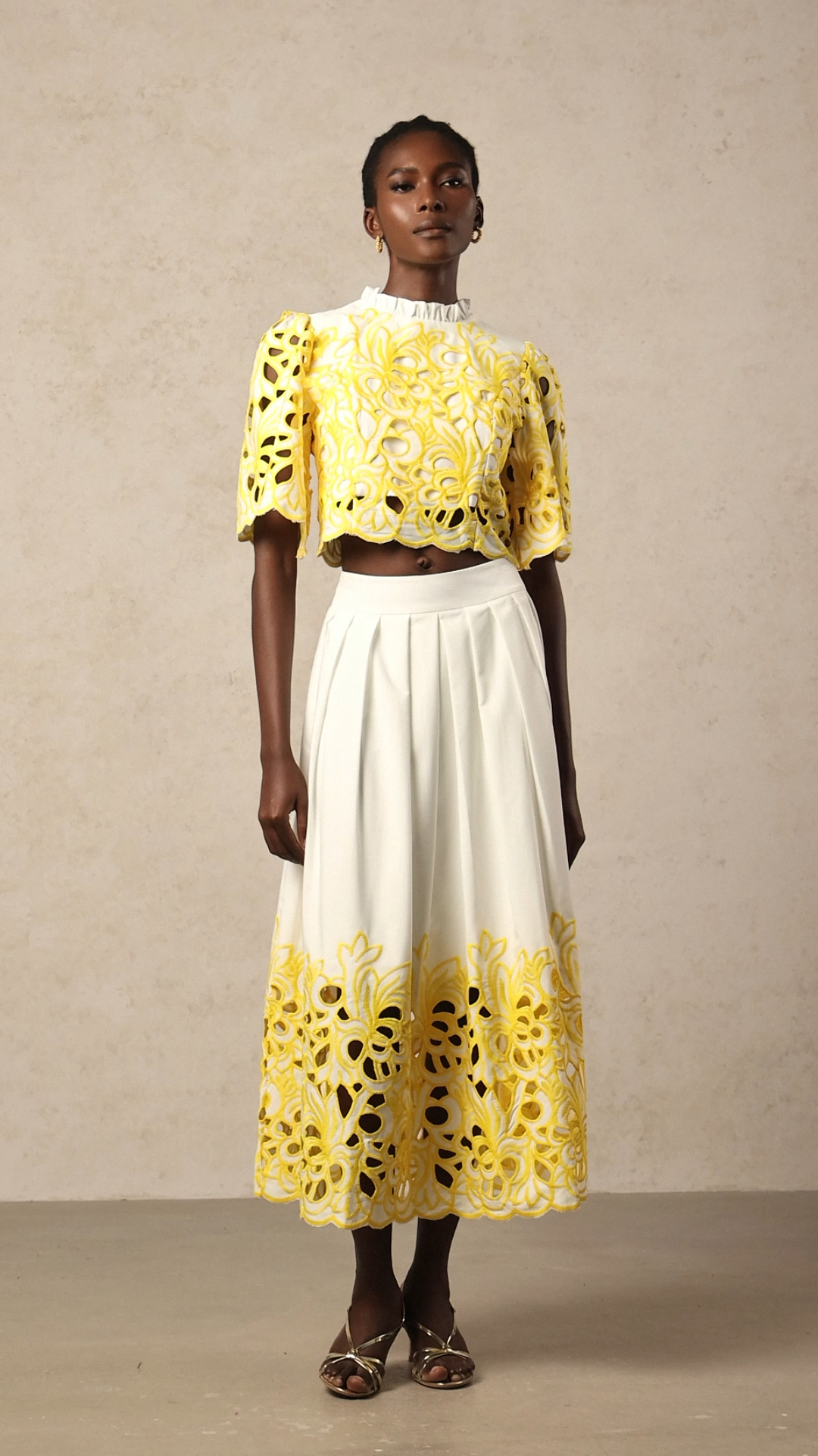 Uzaco Round Neck Elbow Sleeve Hollow Out Top And Skirt Two-Piece Set