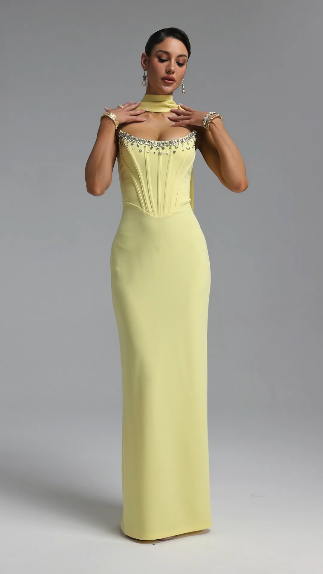 Wilson Classic Strapless Rhinestone Boned Corset Sash Bandage Maxi Dress