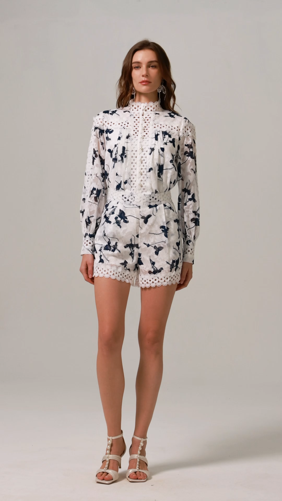 Ririe Floral Printed Lace Long Sleeve Top And Shorts Two-Piece Set