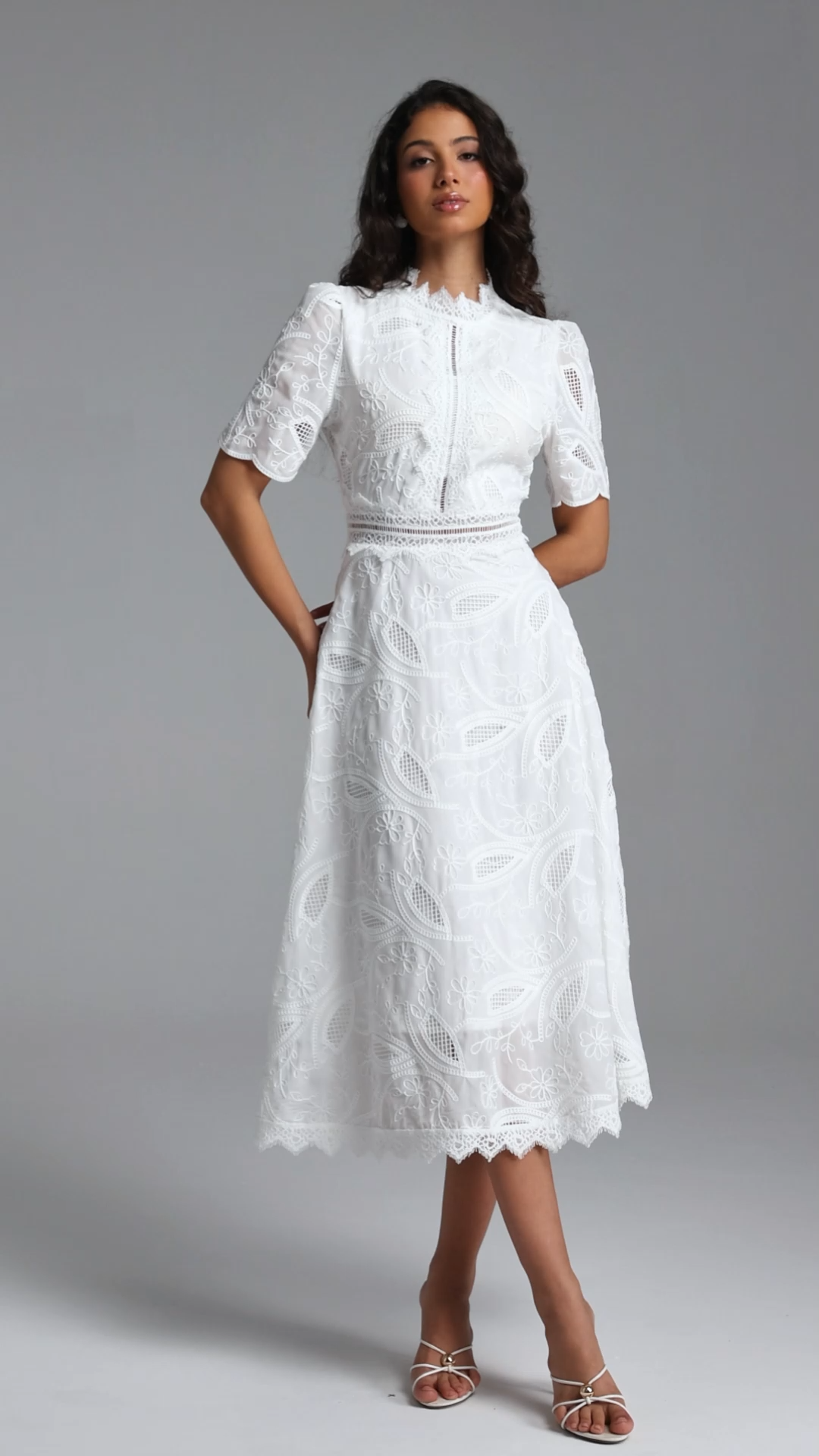 Stretchy Resort Cinched Short Sleeve Embroidered Floral Lace Woven Midi Dress