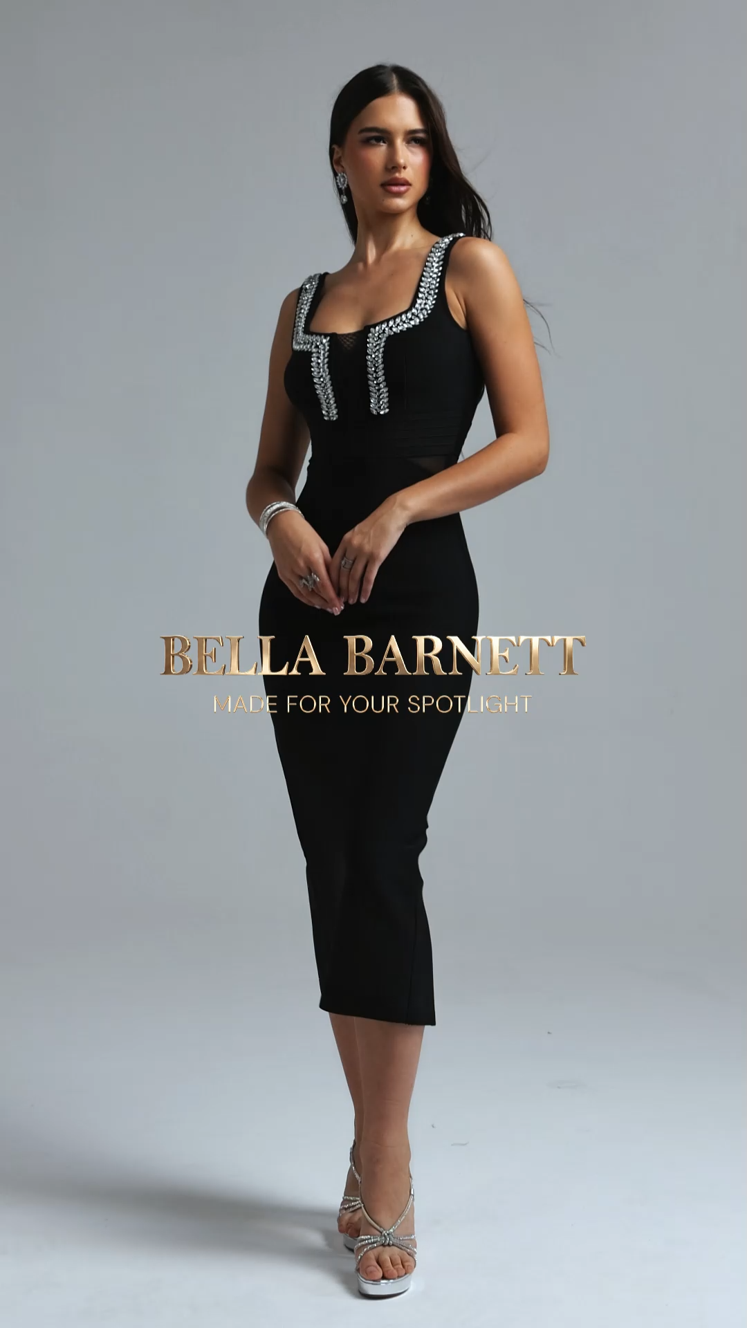 Vara Elegant Fitted Rhinestone Mesh Spliced Black Bandage Midi Dress