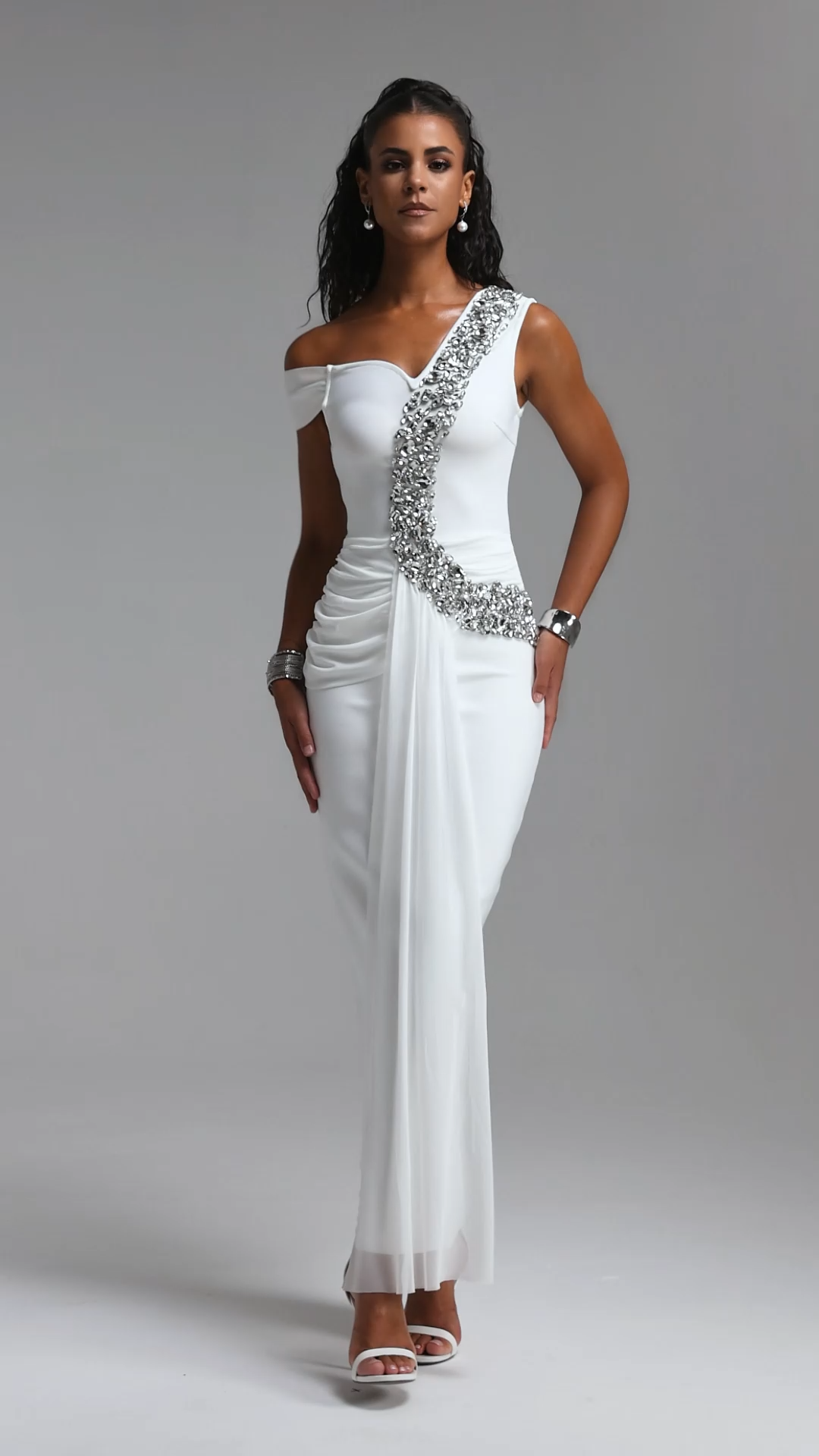 Nevaeh Elegant Contour Rhinestone Draped Ruched Bandage Black Maxi Dress