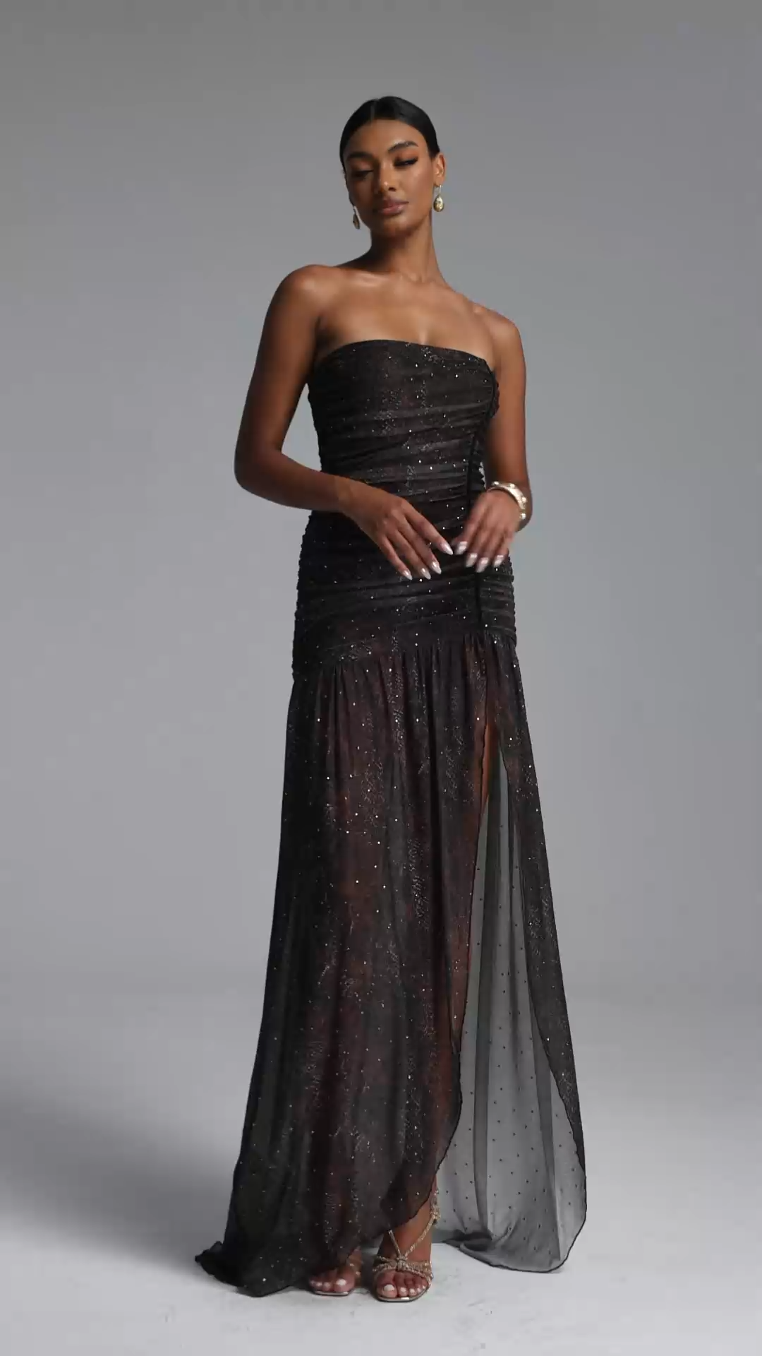 Tamarah Chic Contour Strapless Ruched Print High Slit Maxi Dress