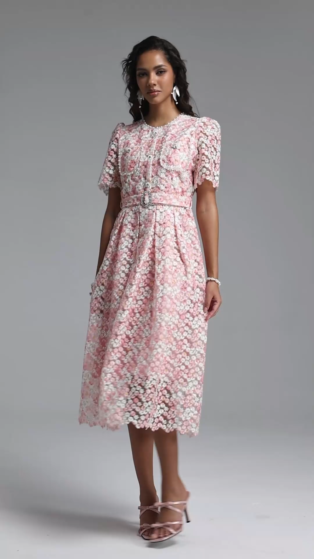 Vincy Romantic Cinched Round Neck Short Sleeve Pearl Floral Lace Midi Dress