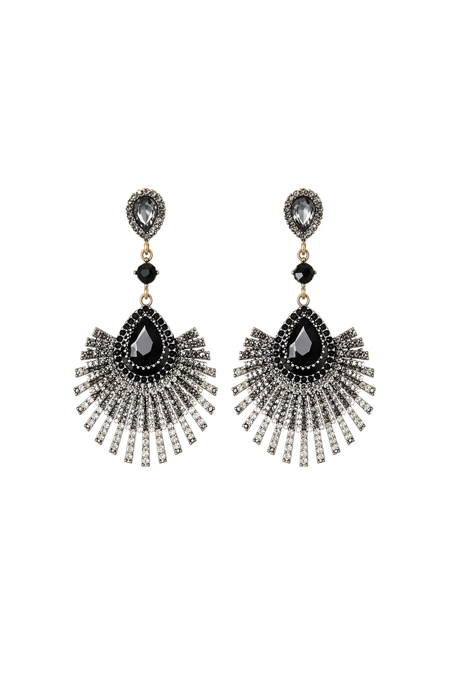 Irosa Vintage Black Crystal Radiating Fan Shaped Tassel Earrings