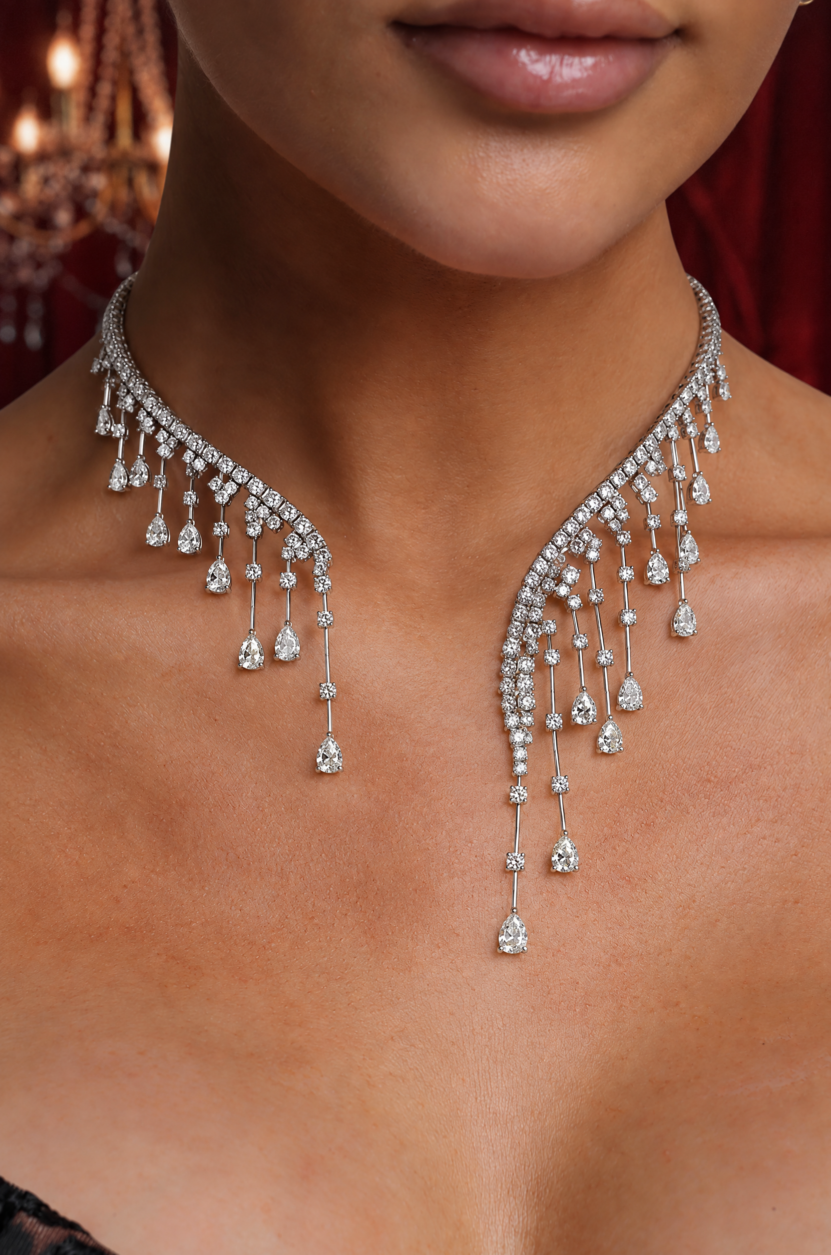 Rueny Luxury V Shape Multi Layer Crystal Drop Rhinestone Tassel Necklace