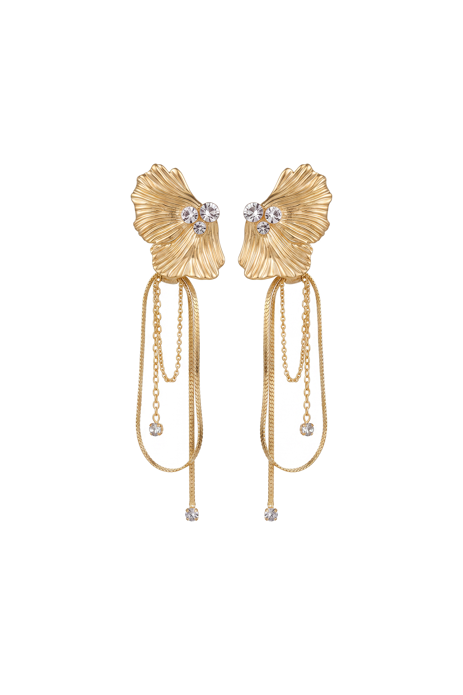 Miney Ornate Fan Shaped Crystal Chain Tassel Earrings