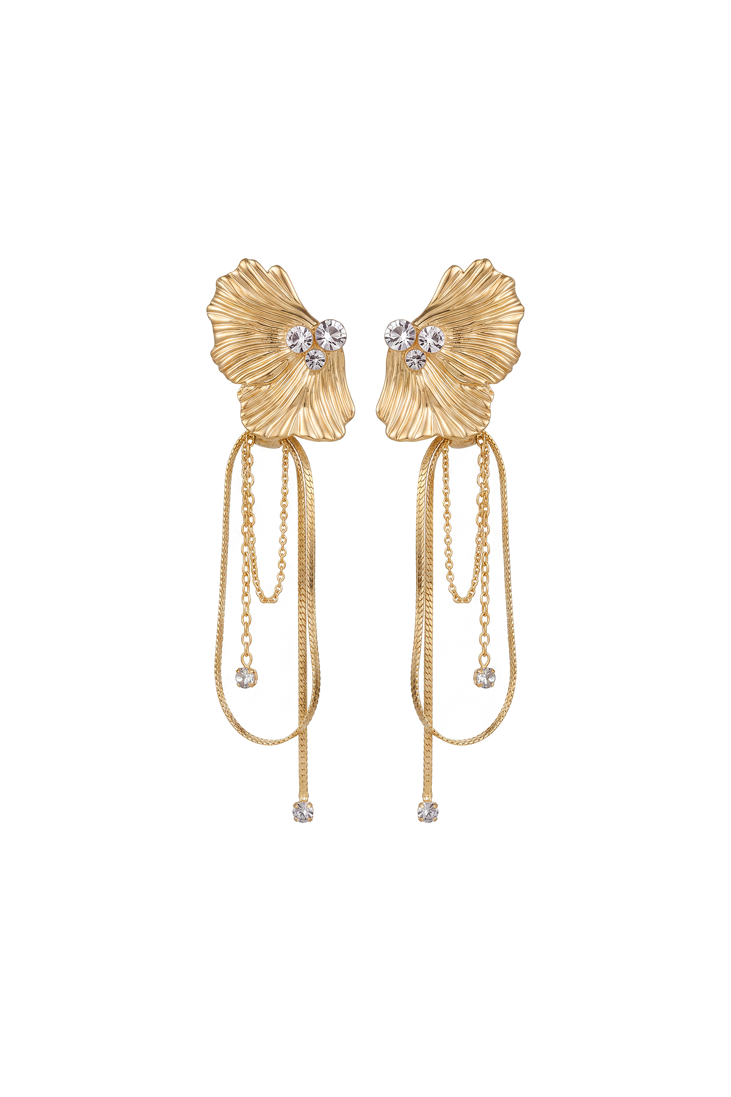 Miney Ornate Fan Shaped Crystal Chain Tassel Earrings