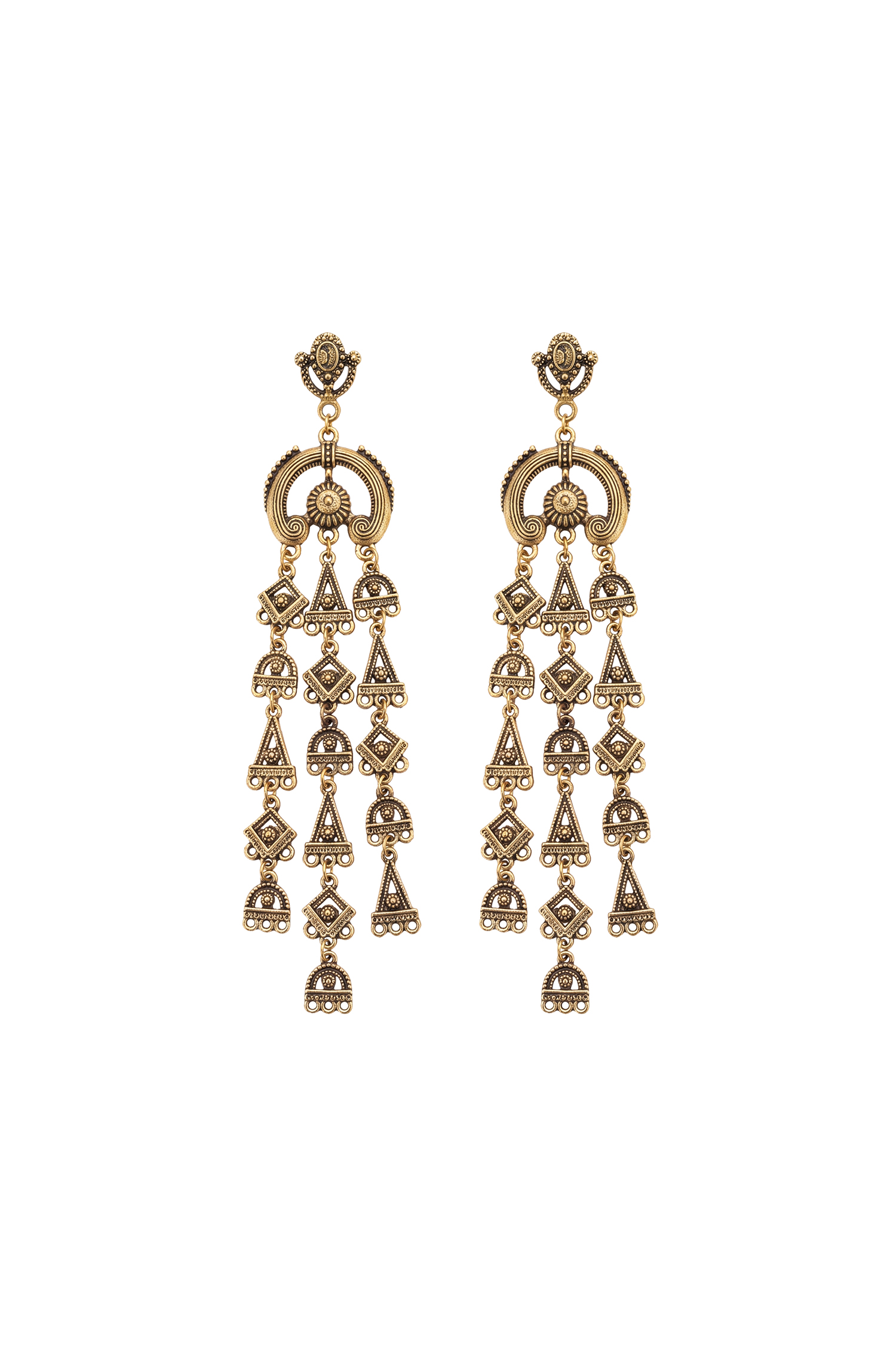 Zeren Amara Antique Gold Geometric Multi Layer Tassel Earrings