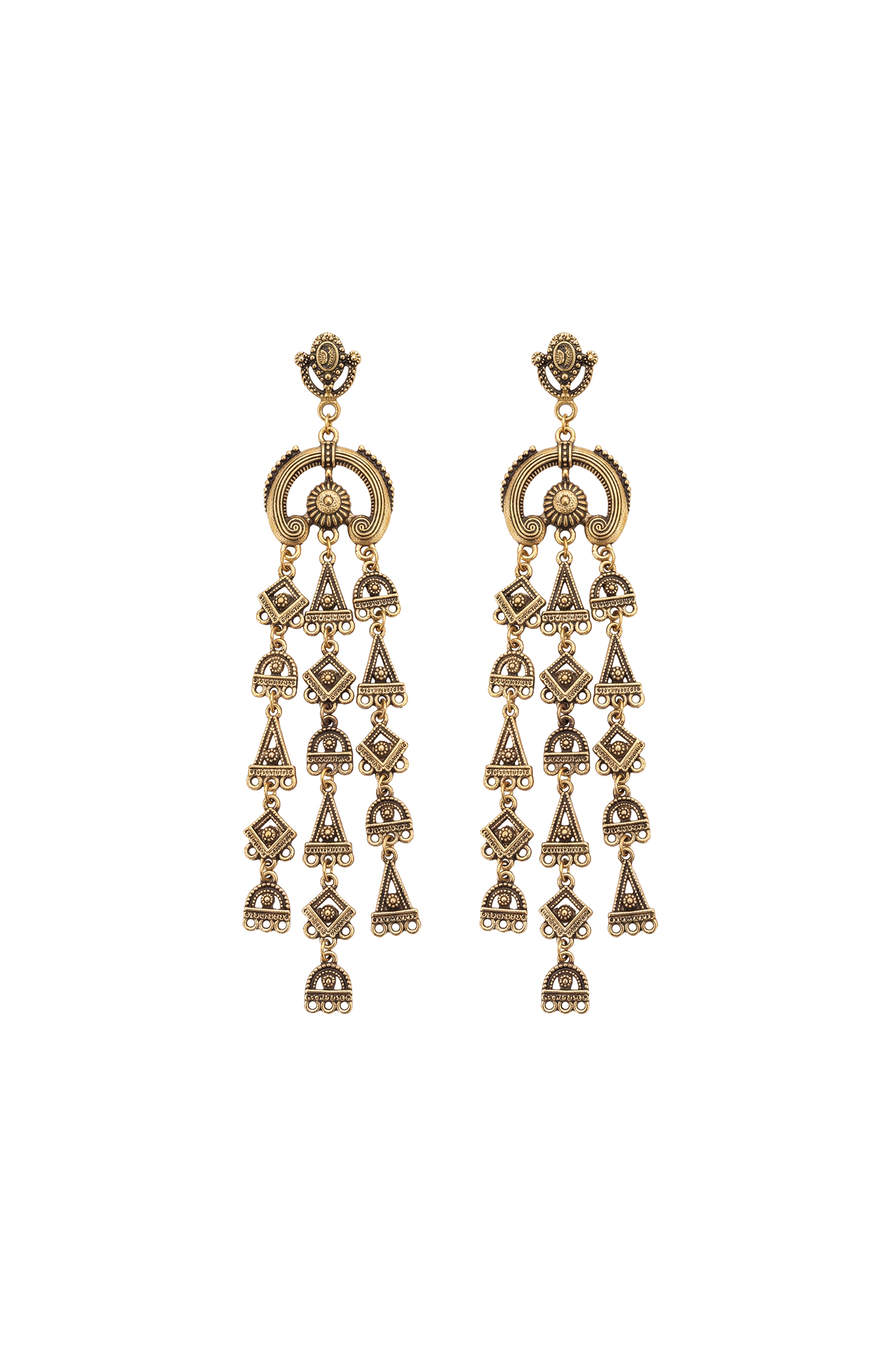 Zeren Amara Antique Gold Geometric Multi Layer Tassel Earrings