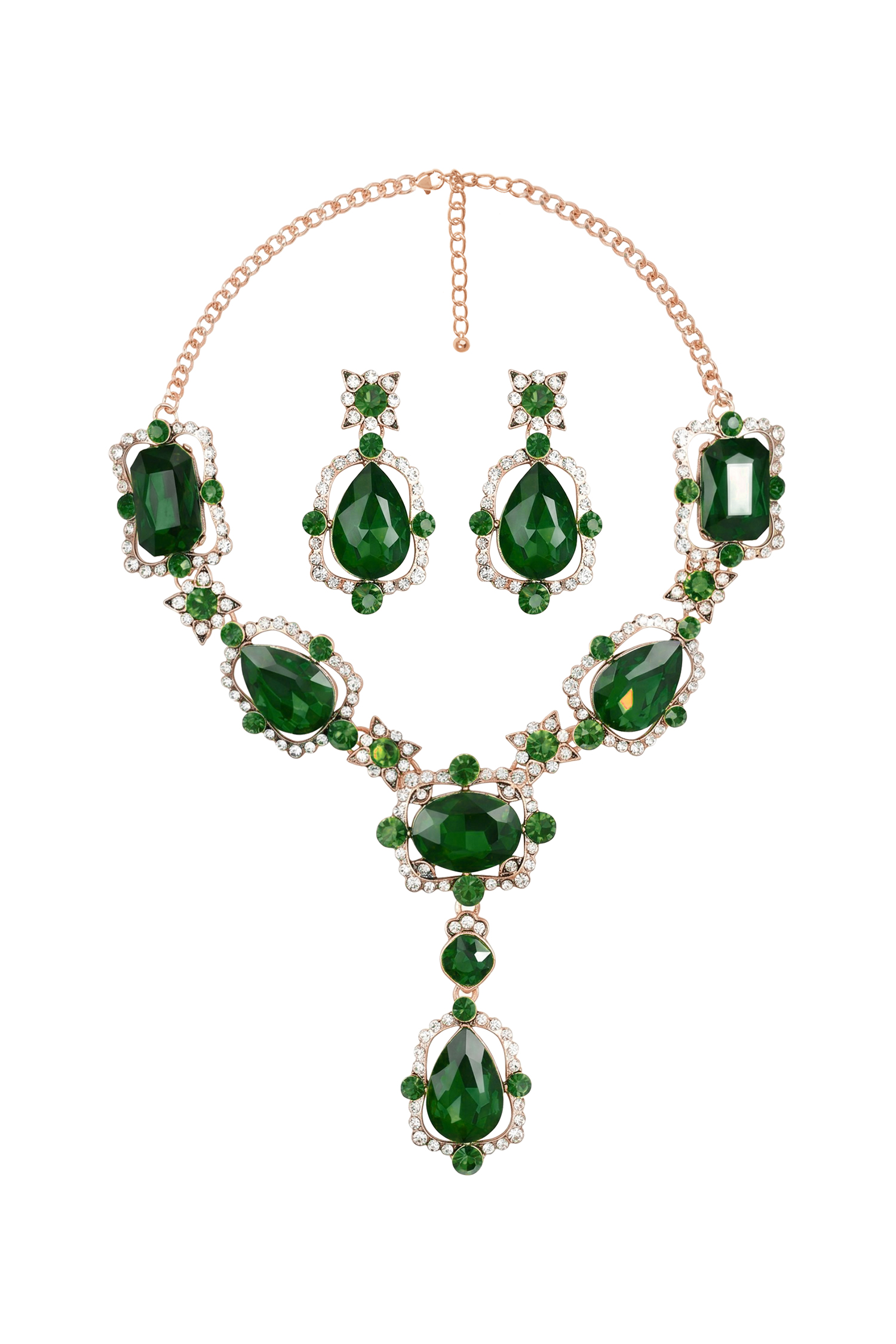Selien Elowen Teardrop Zircon Crystal Green Necklace Earrings Set